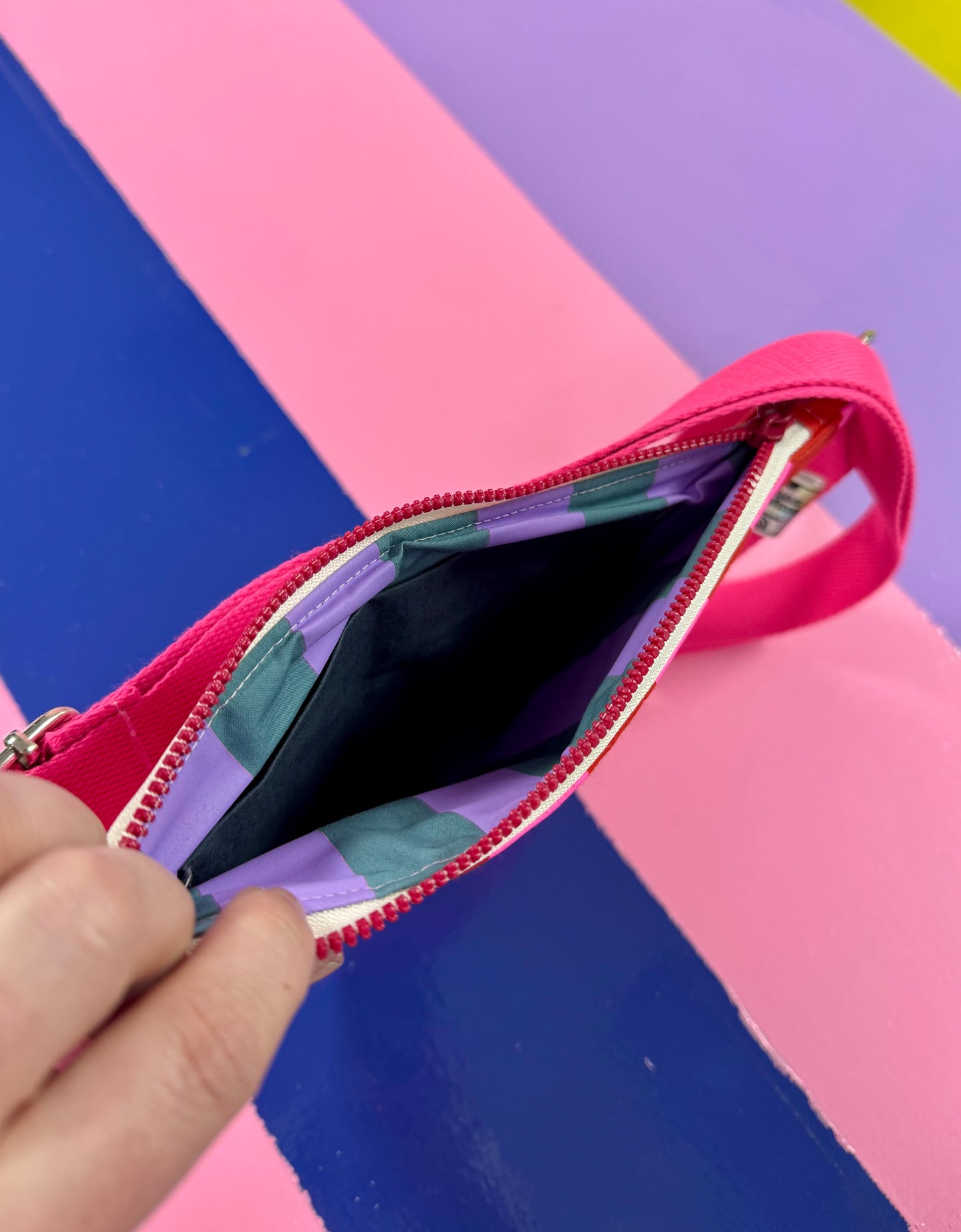 Trendy Red & Purple Stripey Pattern Semi Circle Crossbody Bag