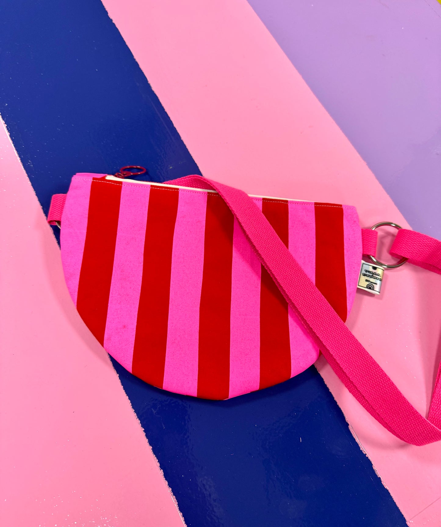 Trendy Red & Pink Stripey Pattern Semi Circle Crossbody Bag
