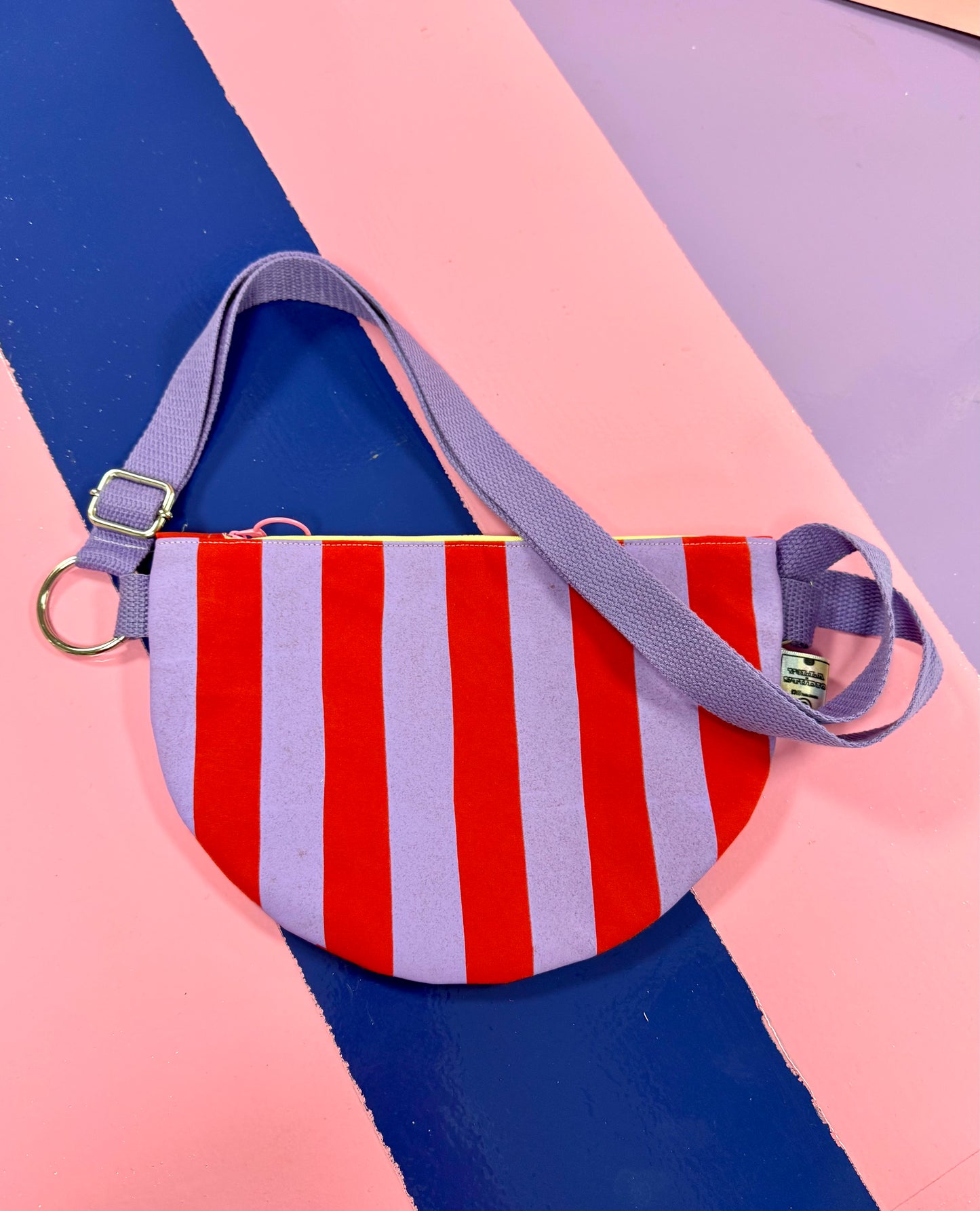 Trendy Red & Purple Stripey Pattern Semi Circle Crossbody Bag