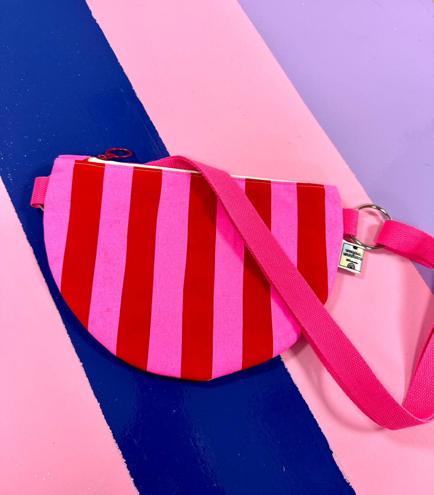 Trendy Red & Pink Stripey Pattern Semi Circle Crossbody Bag