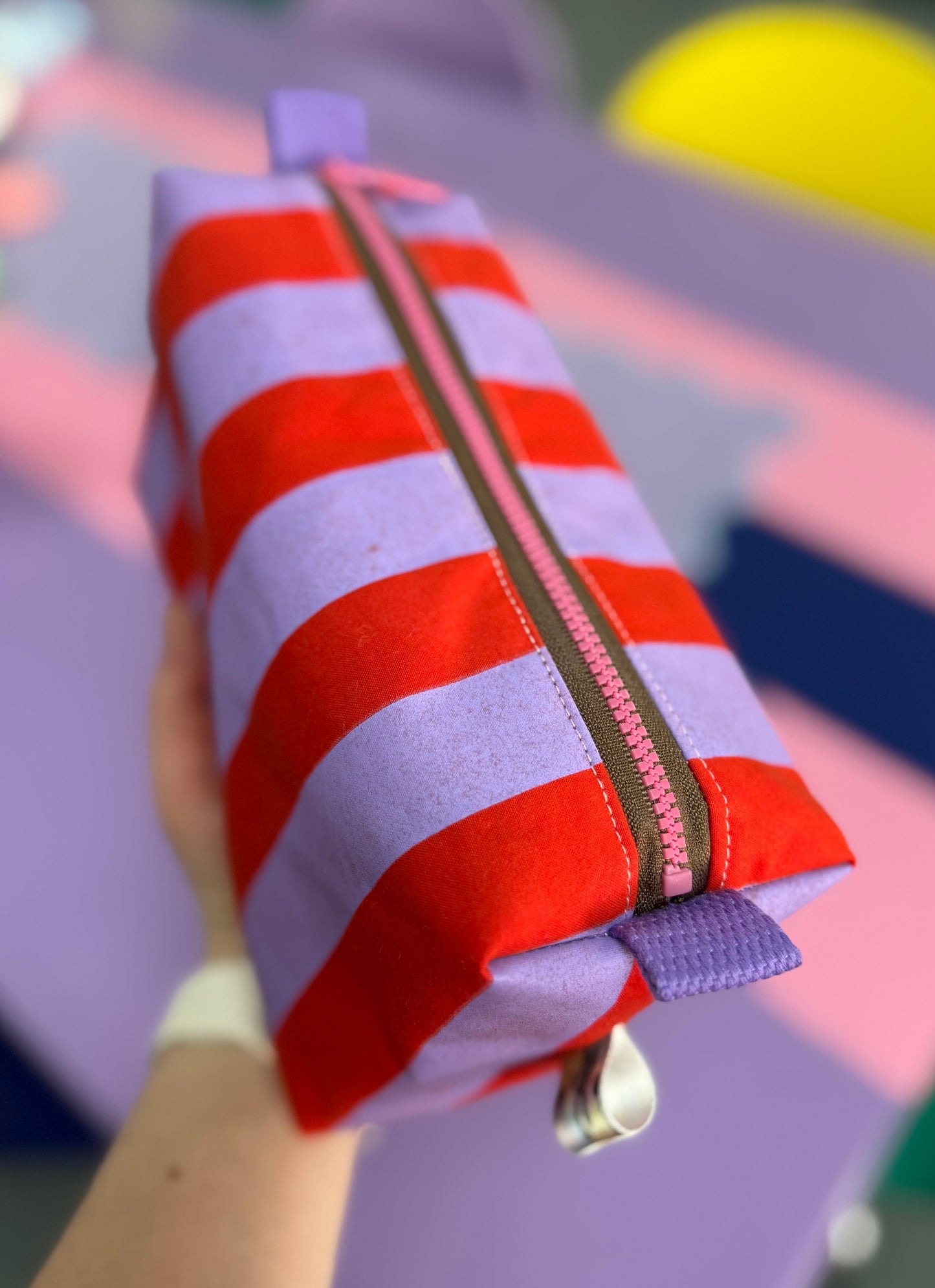 Versatile Boxy Pouch for Travel & Accessories | Red and Purple Stripey Pattern Travel Bag