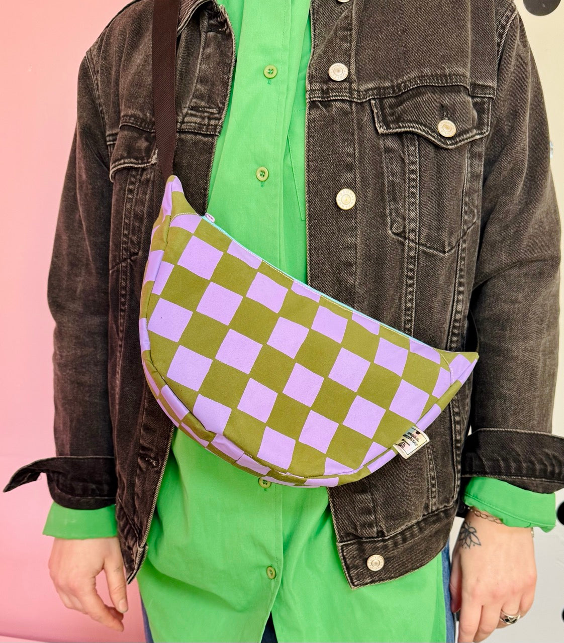Checkered Pattern Sling Bag | Crossbody Bag | Adjustable Waxed Cotton Bag