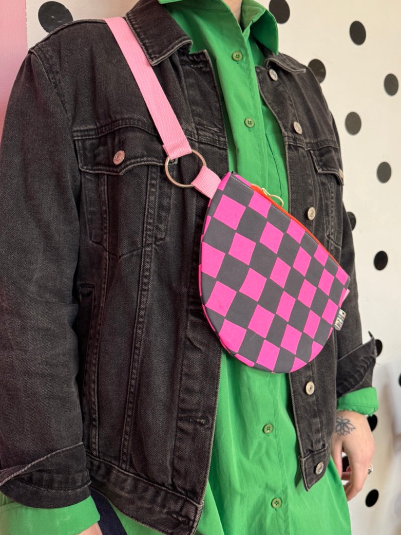 Semi-Circle Crossbody Bag | Adjustable Waxed Cotton Bag | Checkered Pattern Bag