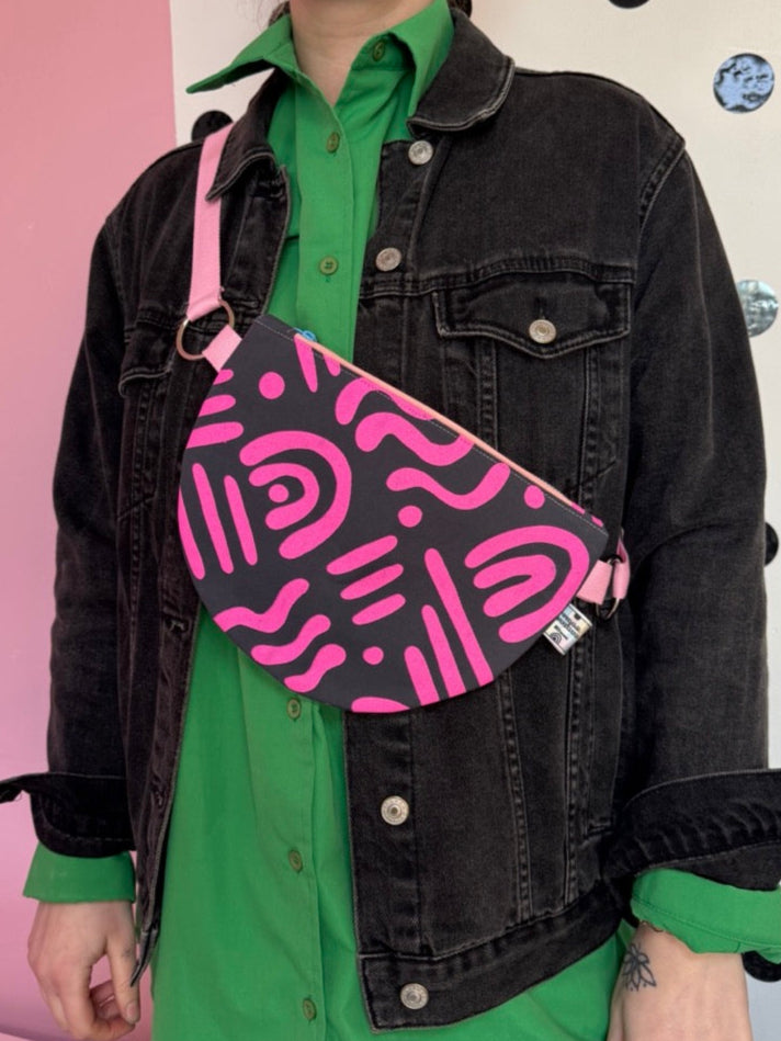 Semi-Circle Crossbody Bag | Adjustable Waxed Cotton | Abstract Pattern Bag