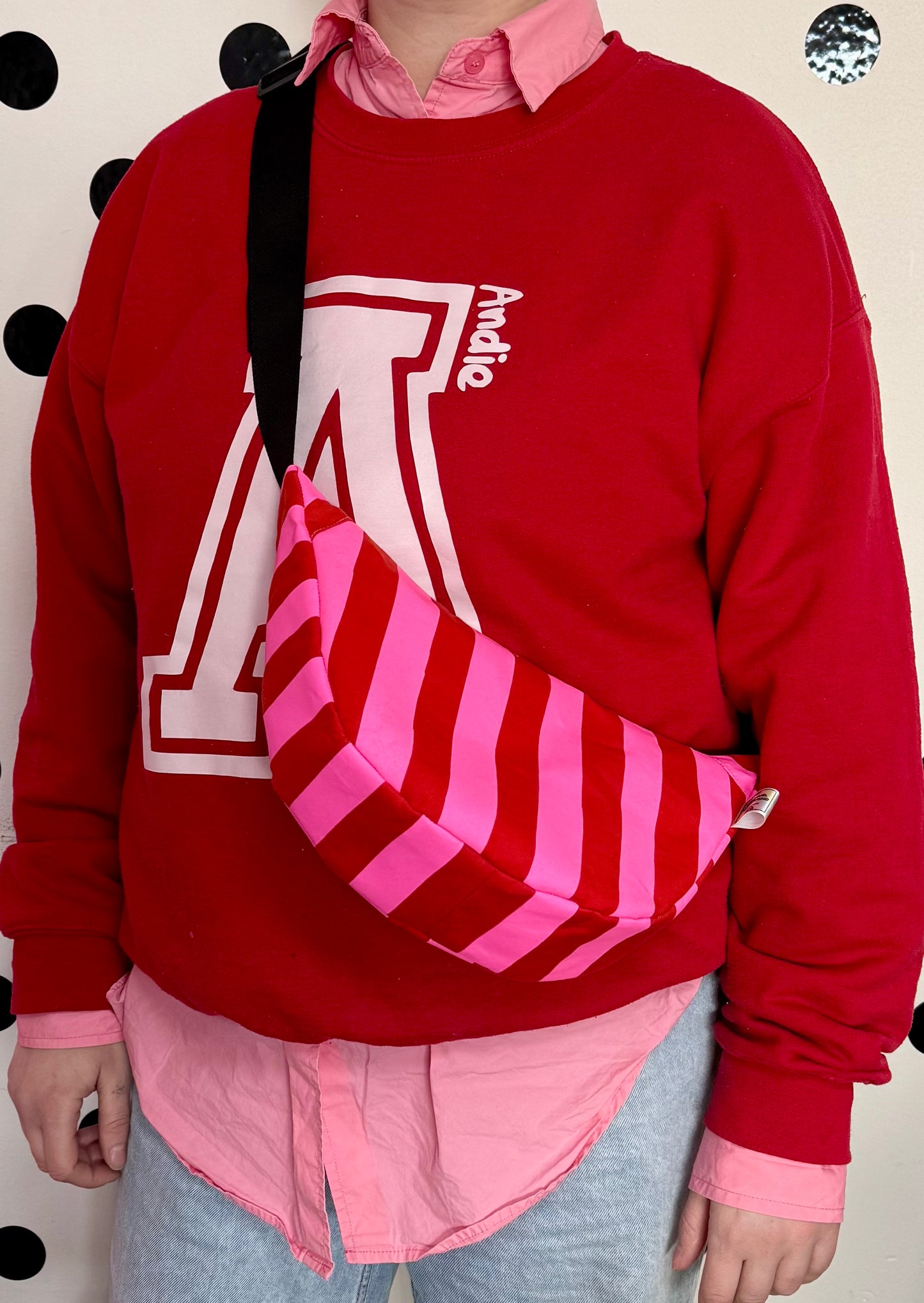 Pink and Red Sling Bag | Crossbody Bag | Adjustable Waxed Cotton Bag |Stripy Pattern Bag
