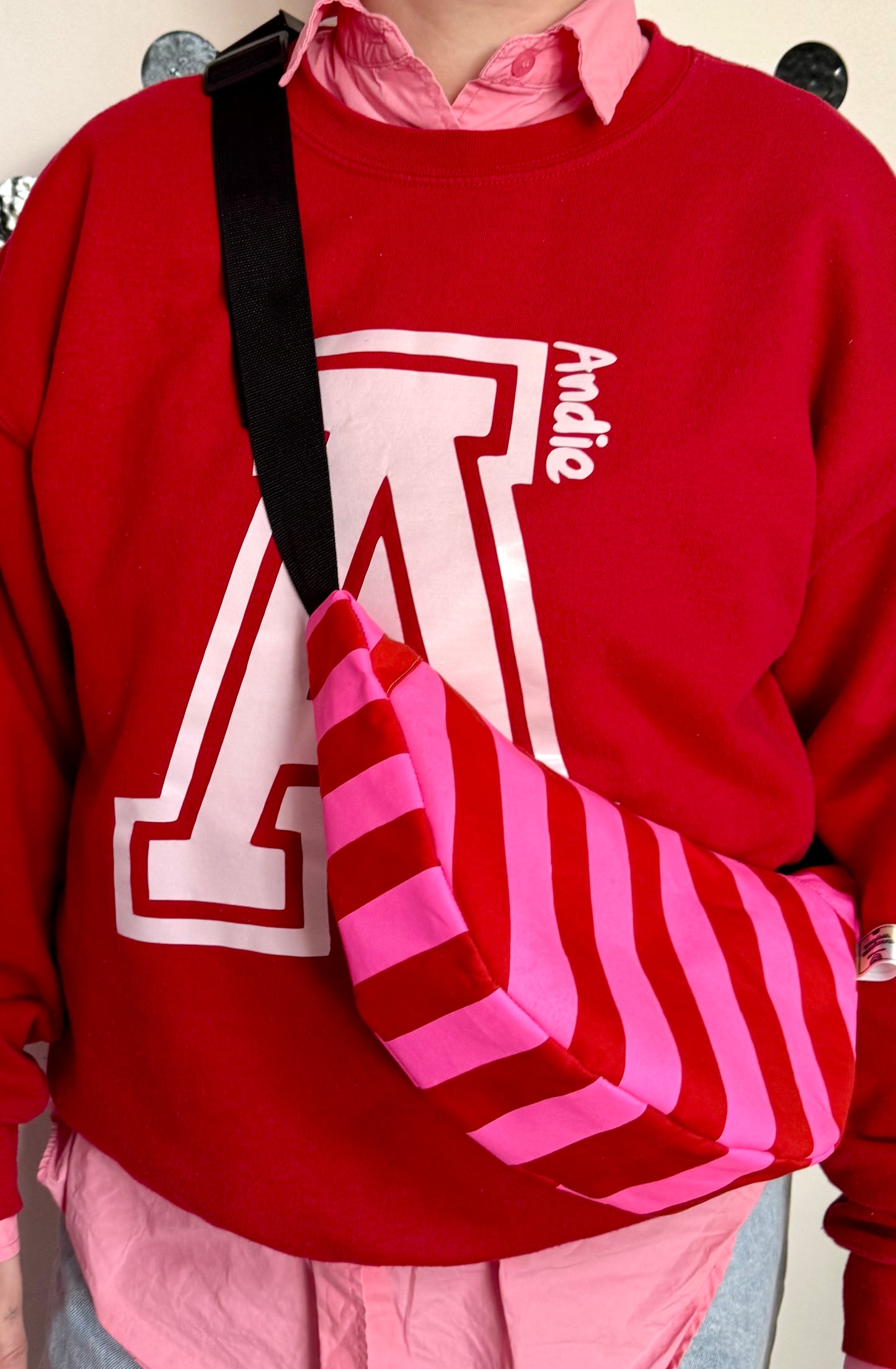 Pink and Red Sling Bag | Crossbody Bag | Adjustable Waxed Cotton Bag |Stripy Pattern Bag