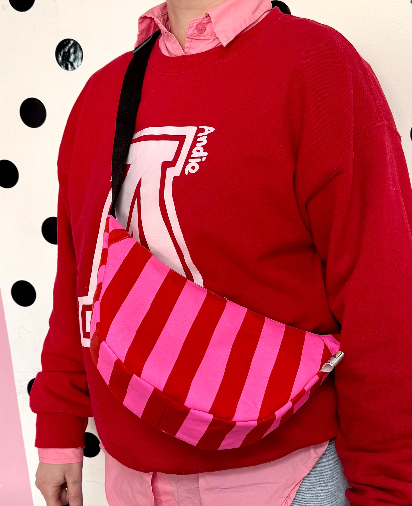 Pink and Red Sling Bag | Crossbody Bag | Adjustable Waxed Cotton Bag |Stripy Pattern Bag