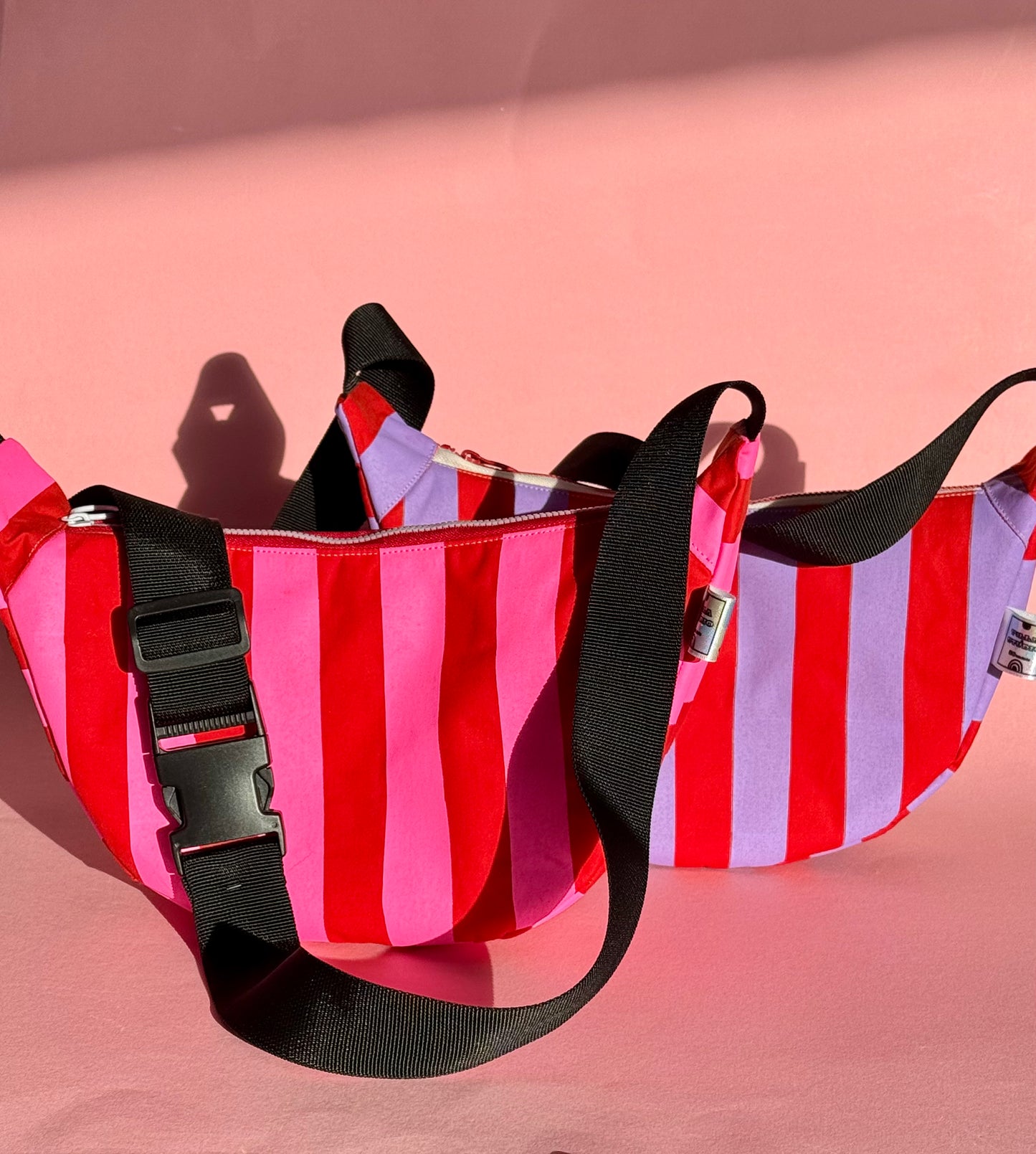 Pink and Red Sling Bag | Crossbody Bag | Adjustable Waxed Cotton Bag |Stripy Pattern Bag