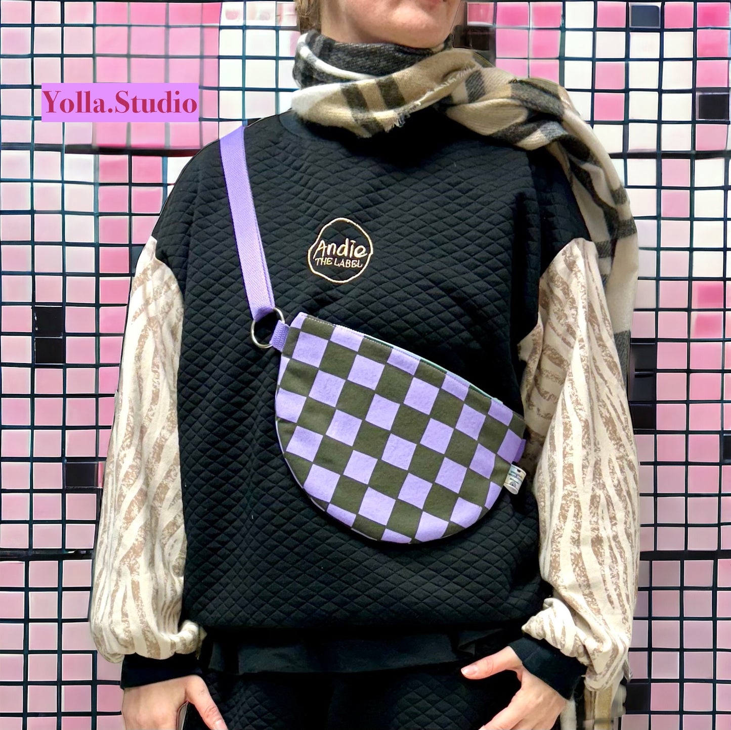 Semi-Circle Crossbody Bag | Adjustable Waxed Cotton Bag | Checkered Pattern Bag
