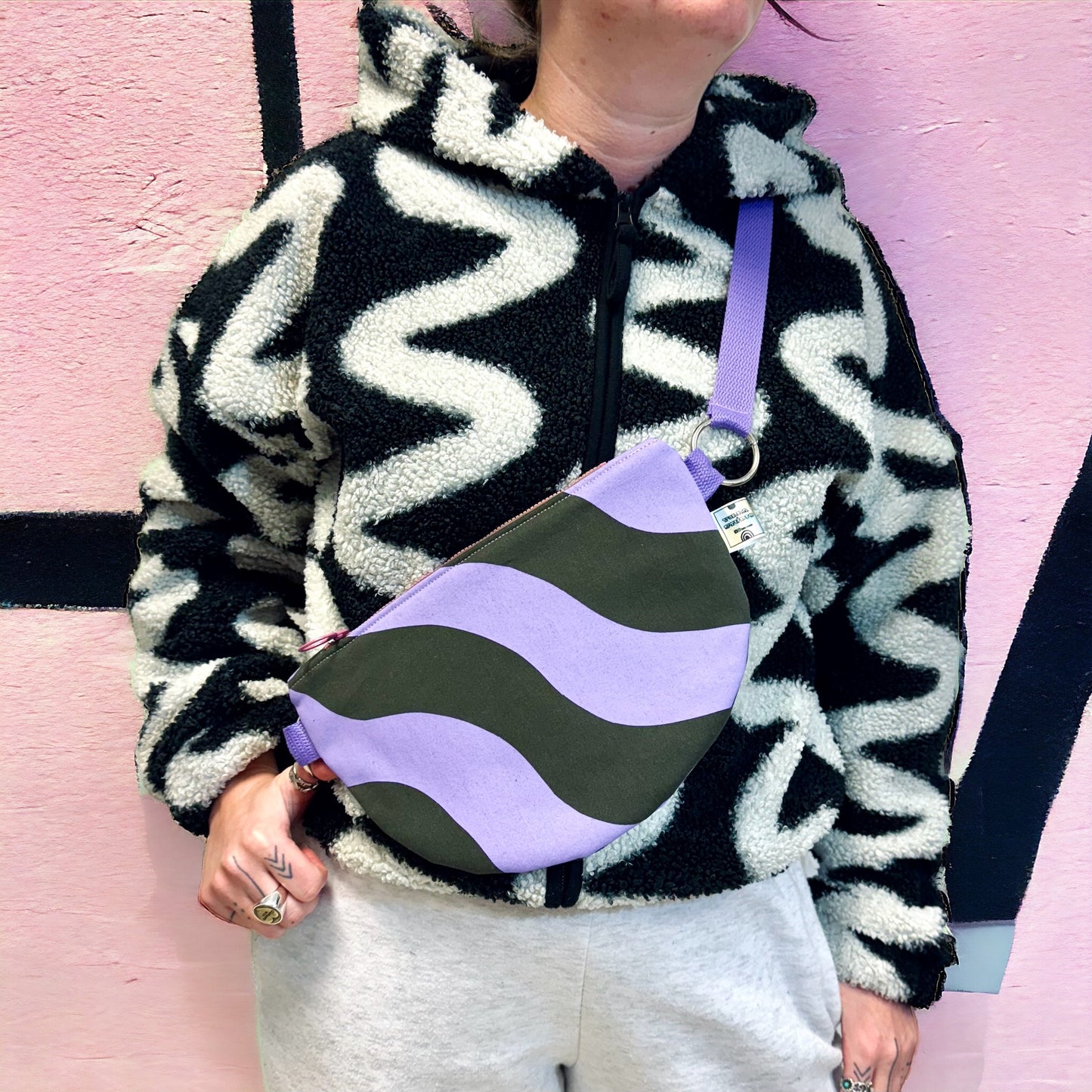 Wavy Print Crossbody Bag | Semi-Circle Crossbody Bag | Adjustable Waxed Cotton