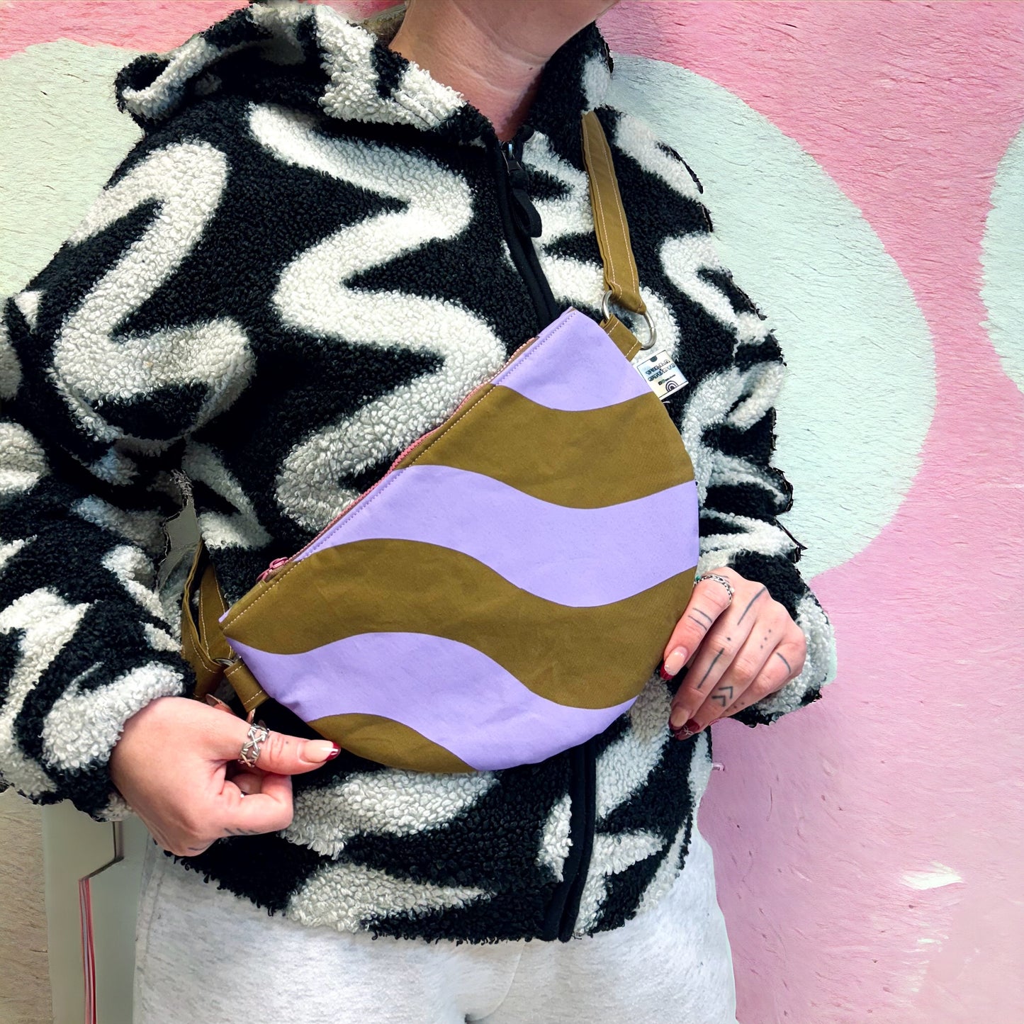 Wavy Print Crossbody Bag | Semi-Circle Crossbody Bag | Adjustable Waxed Cotton