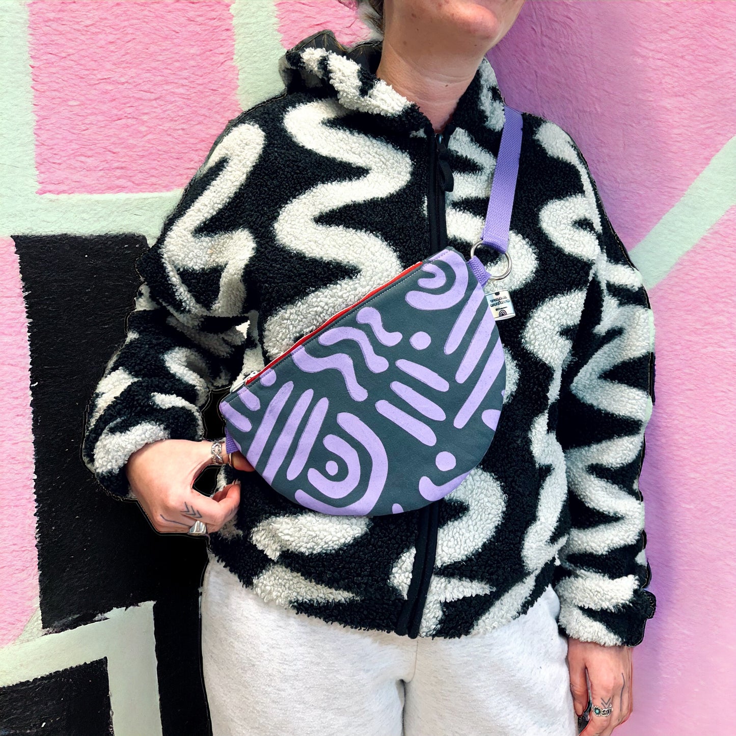 Semi-Circle Crossbody Bag | Adjustable Waxed Cotton | Abstract Pattern Bag