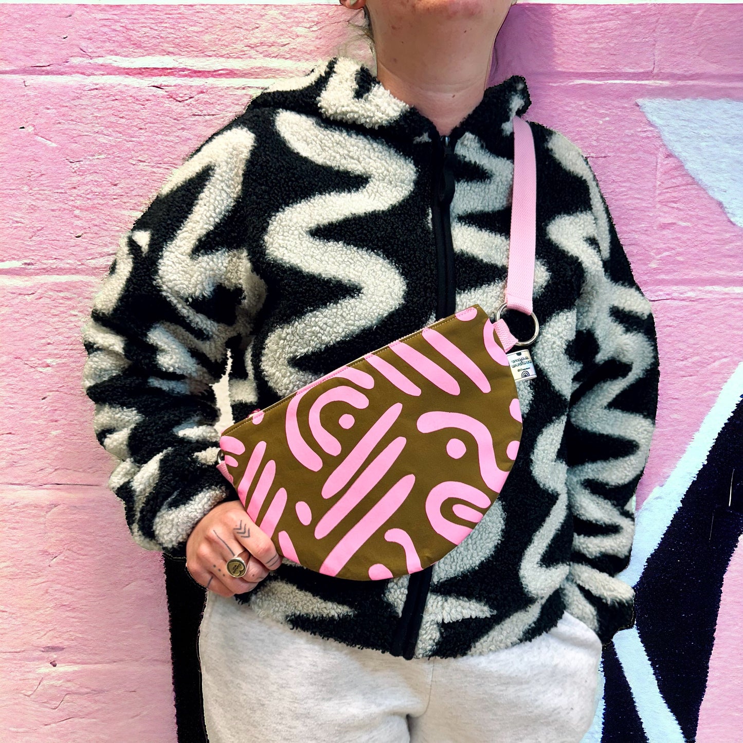 Semi-Circle Crossbody Bag | Adjustable Waxed Cotton | Abstract Pattern Bag