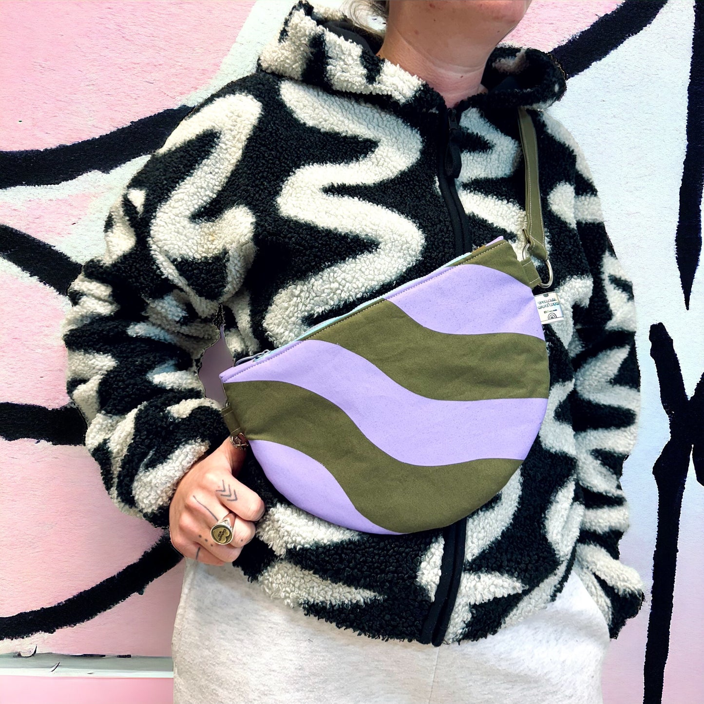 Wavy Print Crossbody Bag | Semi-Circle Crossbody Bag | Adjustable Waxed Cotton