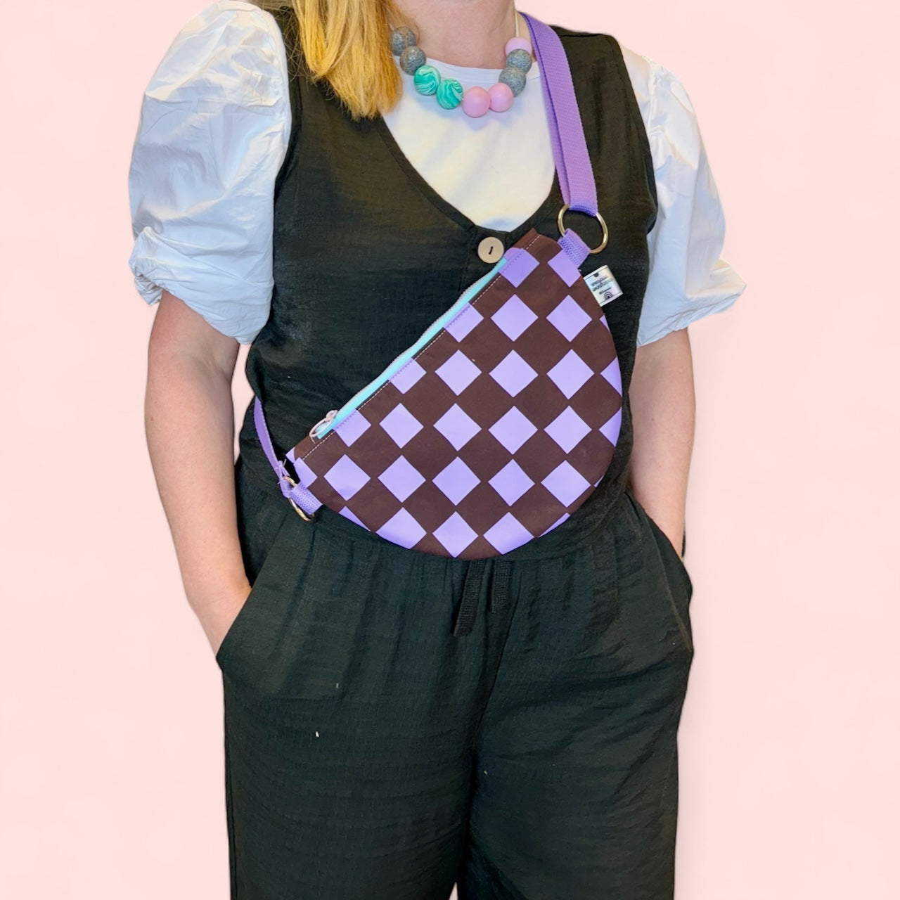 Semi-Circle Crossbody Bag | Adjustable Waxed Cotton Bag | Checkered Pattern Bag