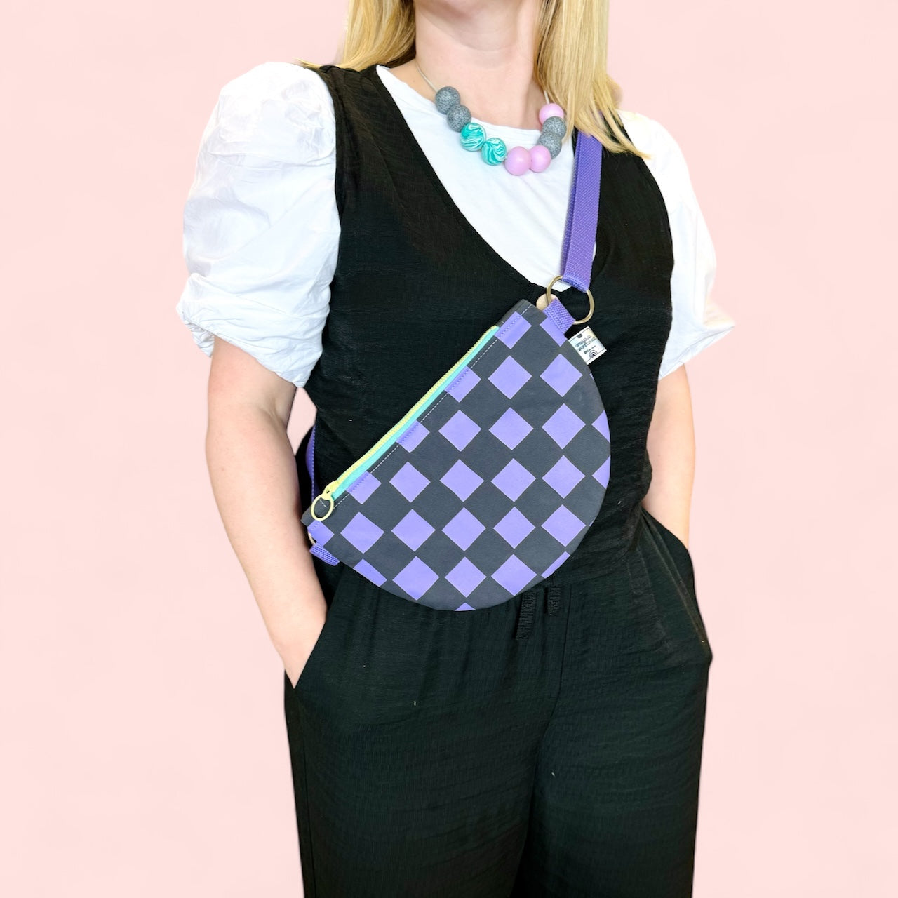 Semi-Circle Crossbody Bag | Adjustable Waxed Cotton Bag | Checkered Pattern Bag