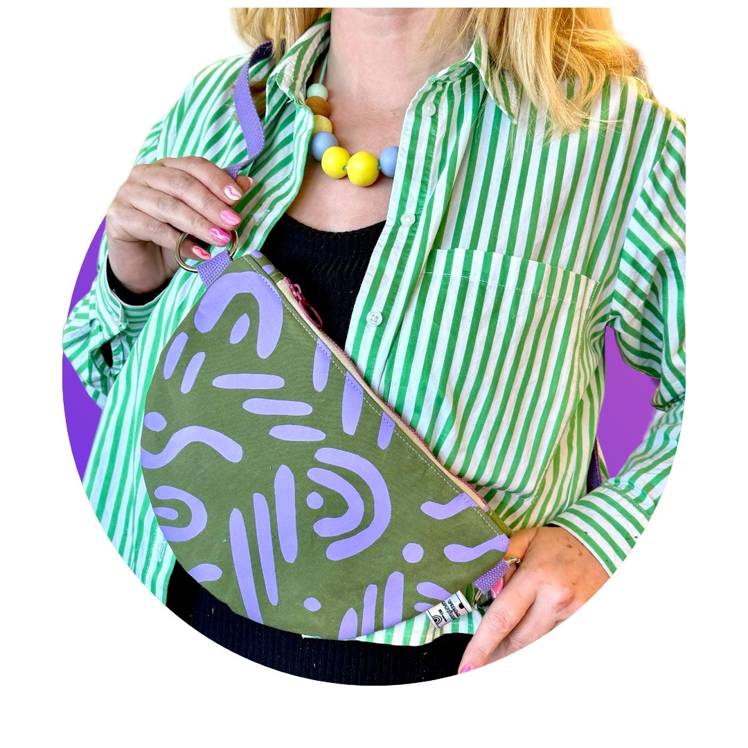Semi-Circle Crossbody Bag | Adjustable Waxed Cotton | Abstract Pattern Bag