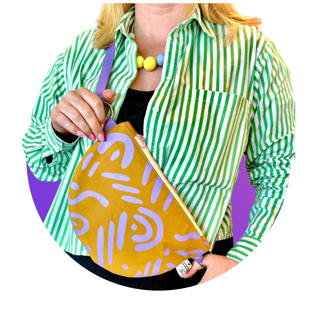 Semi-Circle Crossbody Bag | Adjustable Waxed Cotton | Abstract Pattern Bag