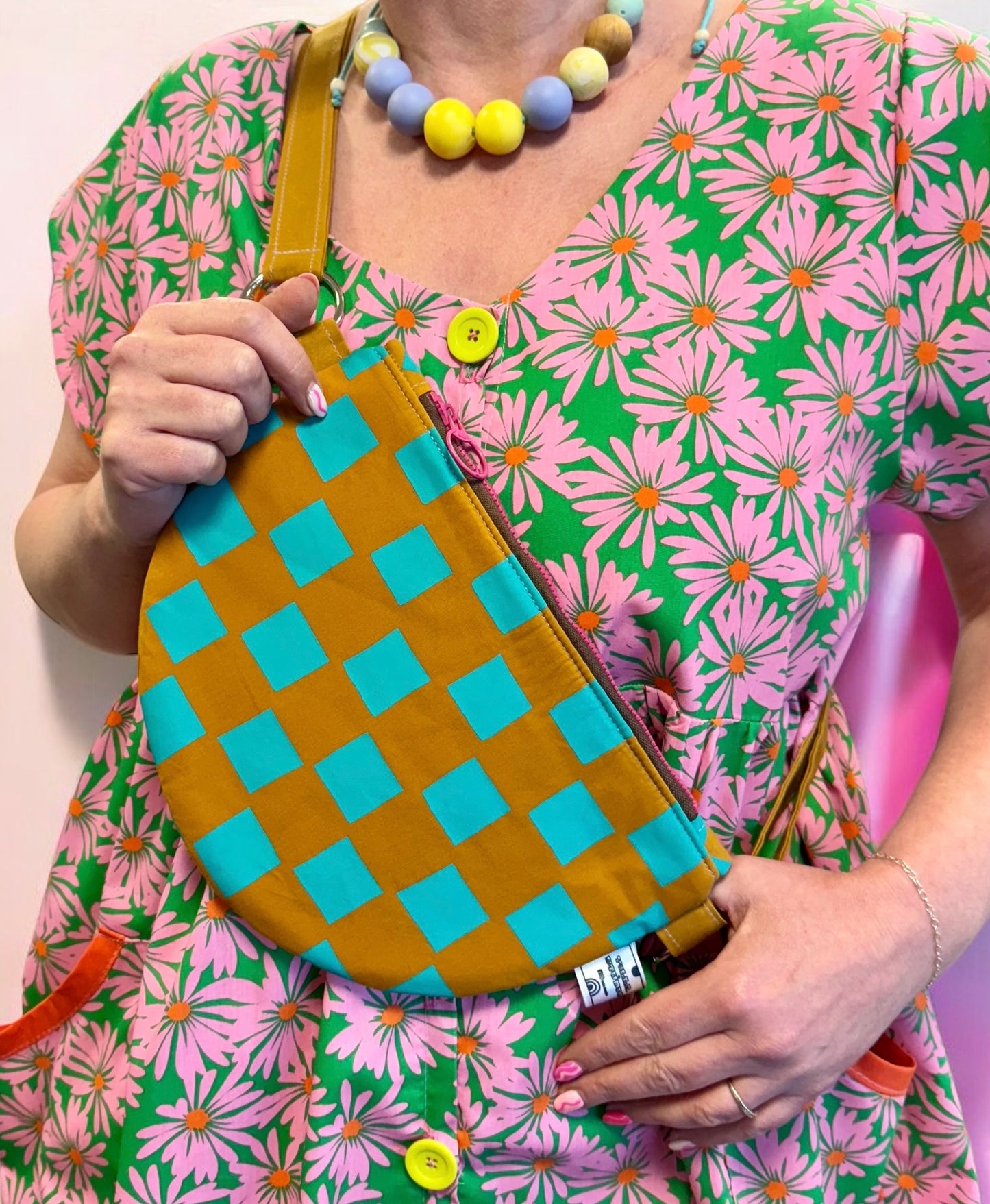 Semi-Circle Crossbody Bag | Adjustable Waxed Cotton Bag | Checkered Pattern Bag