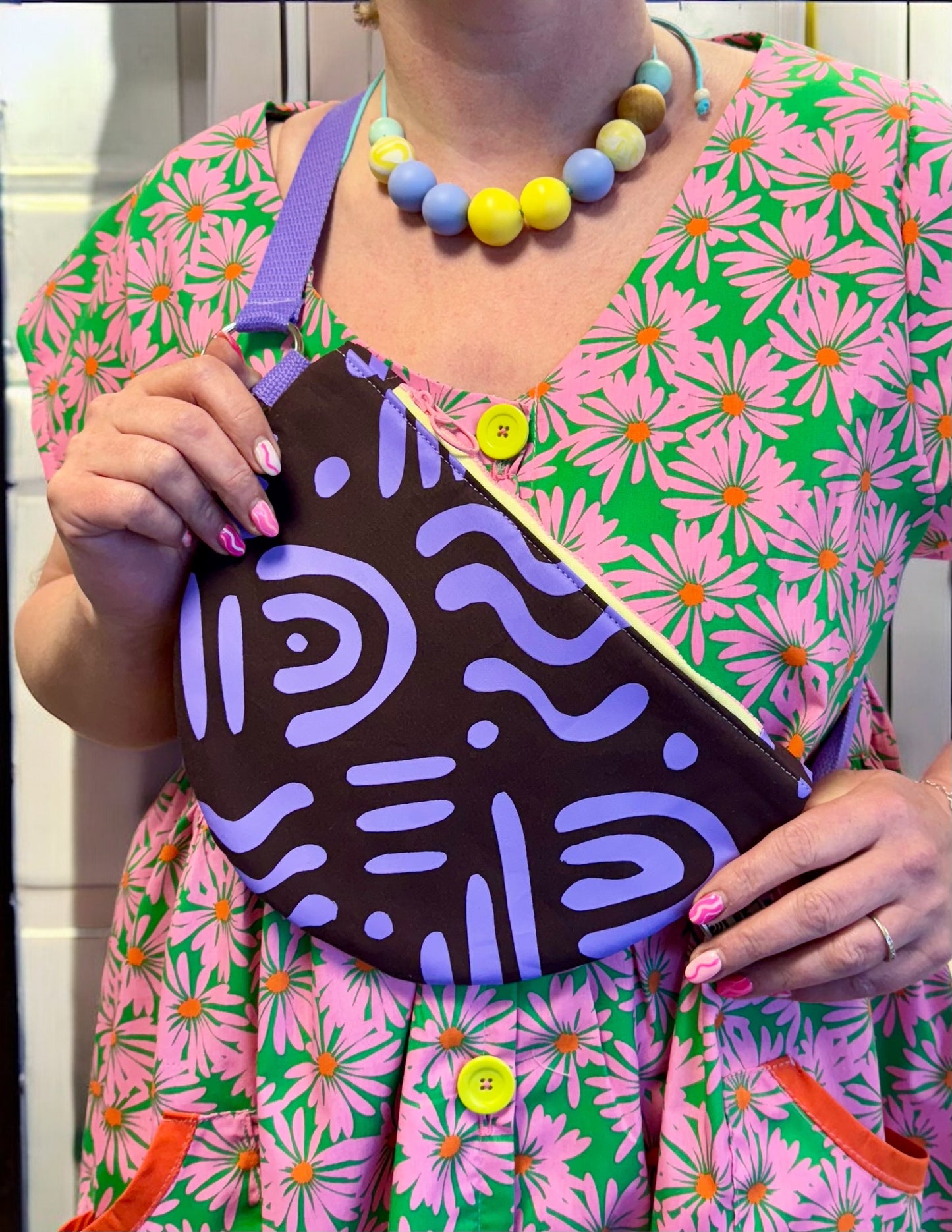 Semi-Circle Crossbody Bag | Adjustable Waxed Cotton | Abstract Pattern Bag
