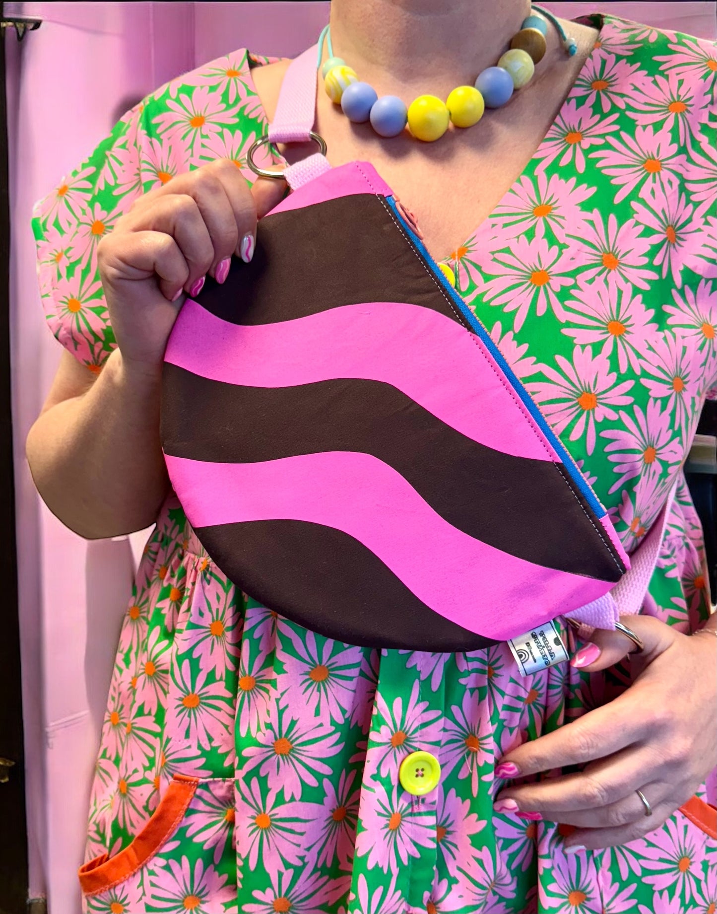 Wavy Print Crossbody Bag | Semi-Circle Crossbody Bag | Adjustable Waxed Cotton