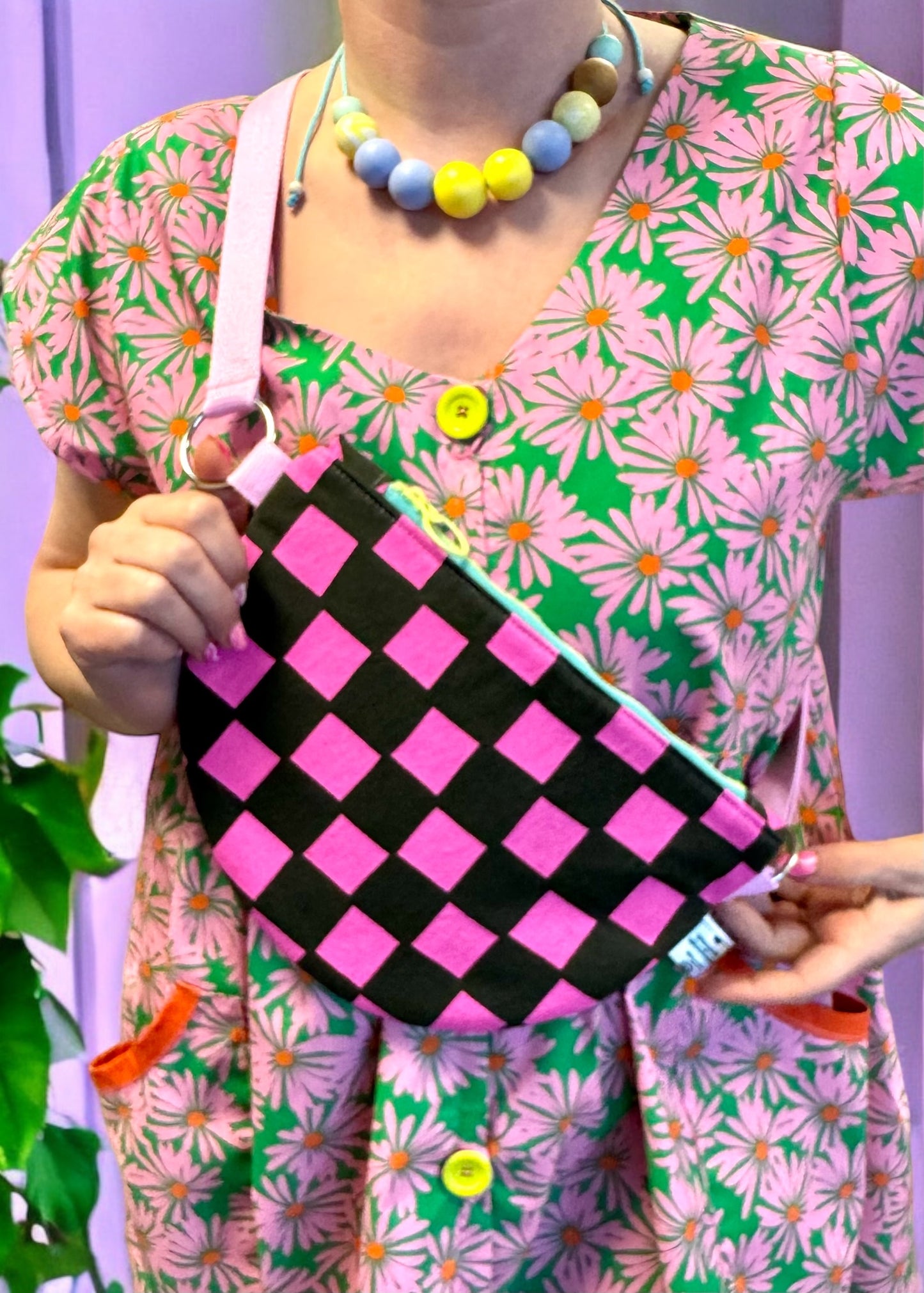Semi-Circle Crossbody Bag | Adjustable Waxed Cotton Bag | Checkered Pattern Bag