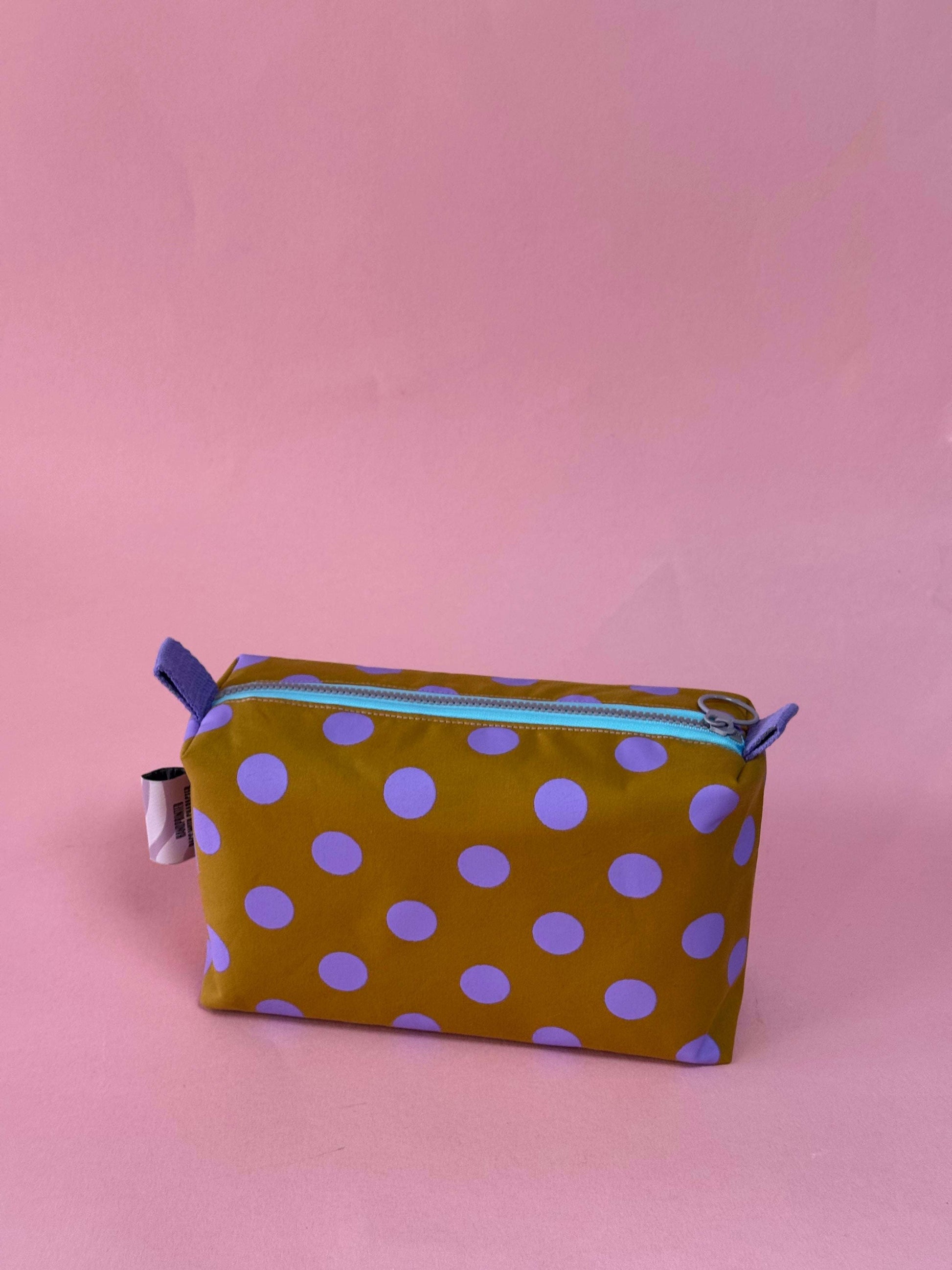 Versatile Boxy Pouch for Travel & Accessories |Purple and Mustard Polka Dots Travel Bag