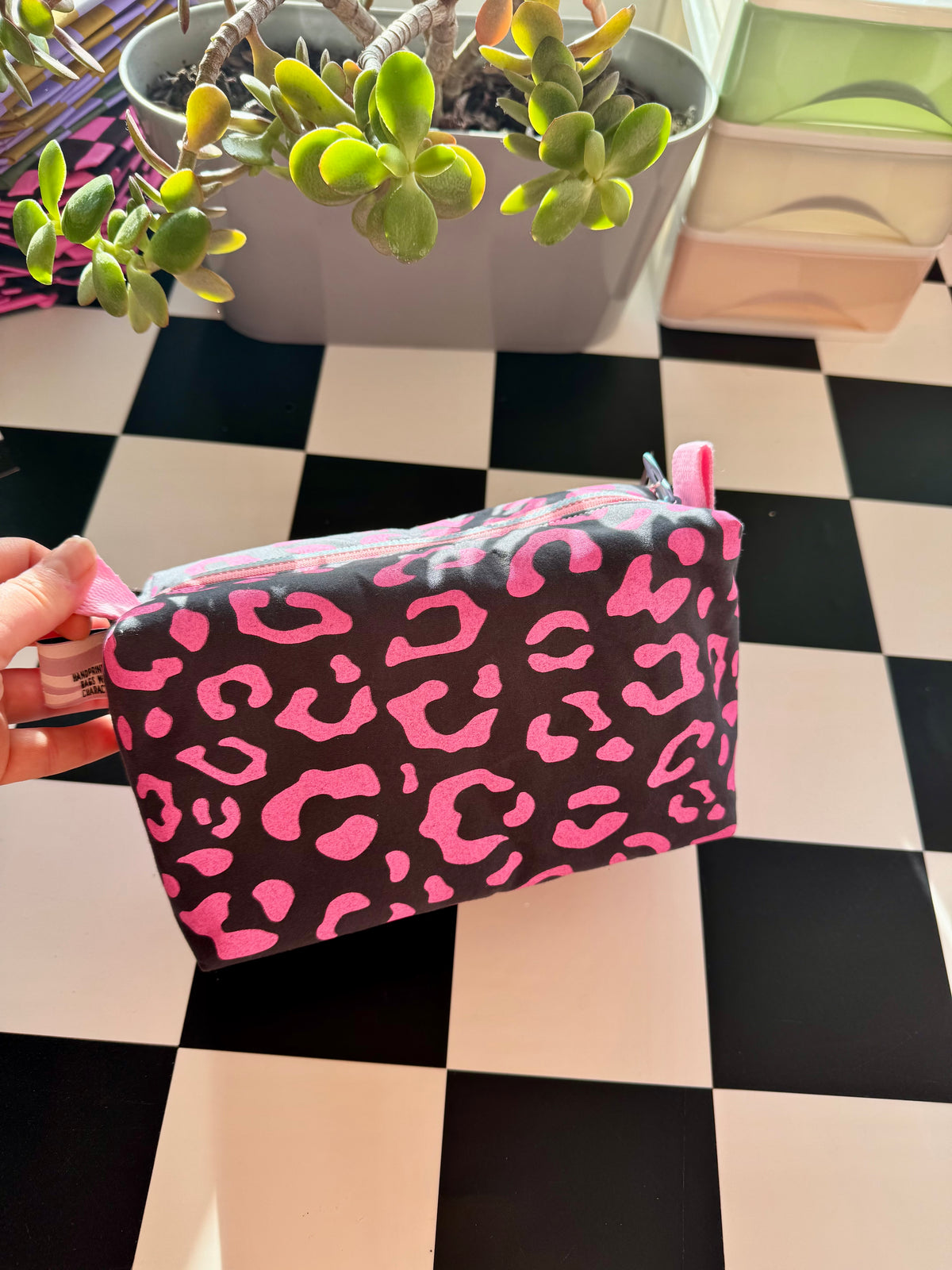 Boxy Pouch for Travel & Accessories | Pink and Grey Leopard print