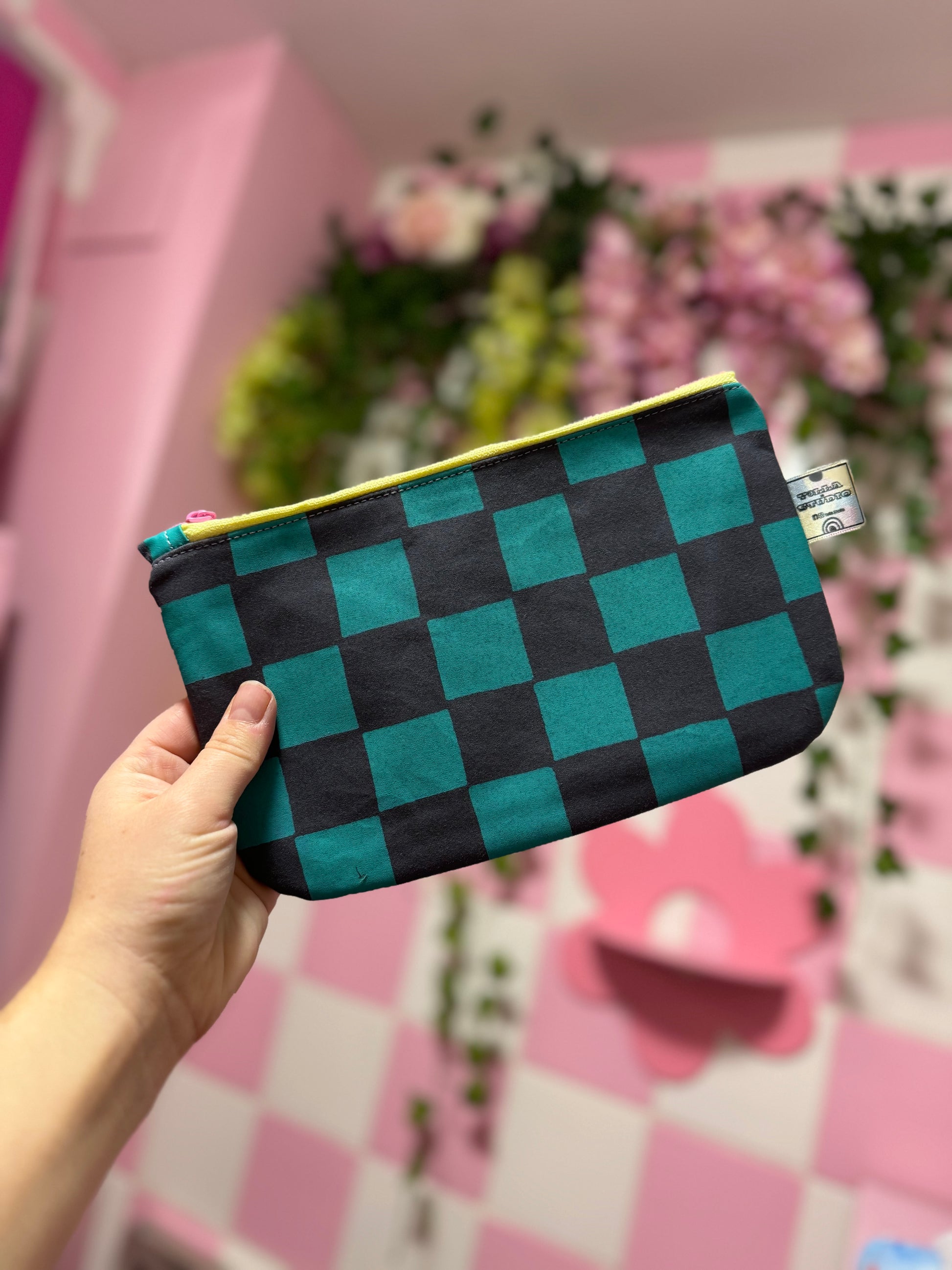 Handprinted  Waxed Cotton Pencil and Makeup Case Turquoise and Grey Checkered