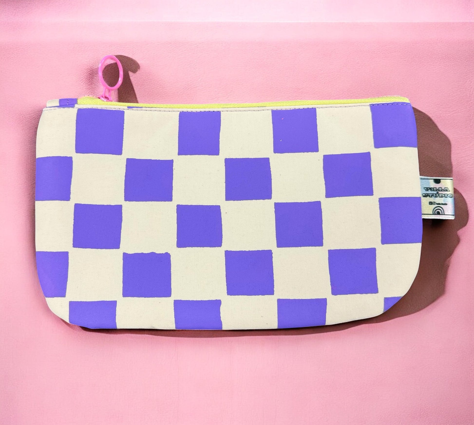 Handprinted  Waxed Cotton Pencil and Makeup Case Turquoise and Grey Checkered