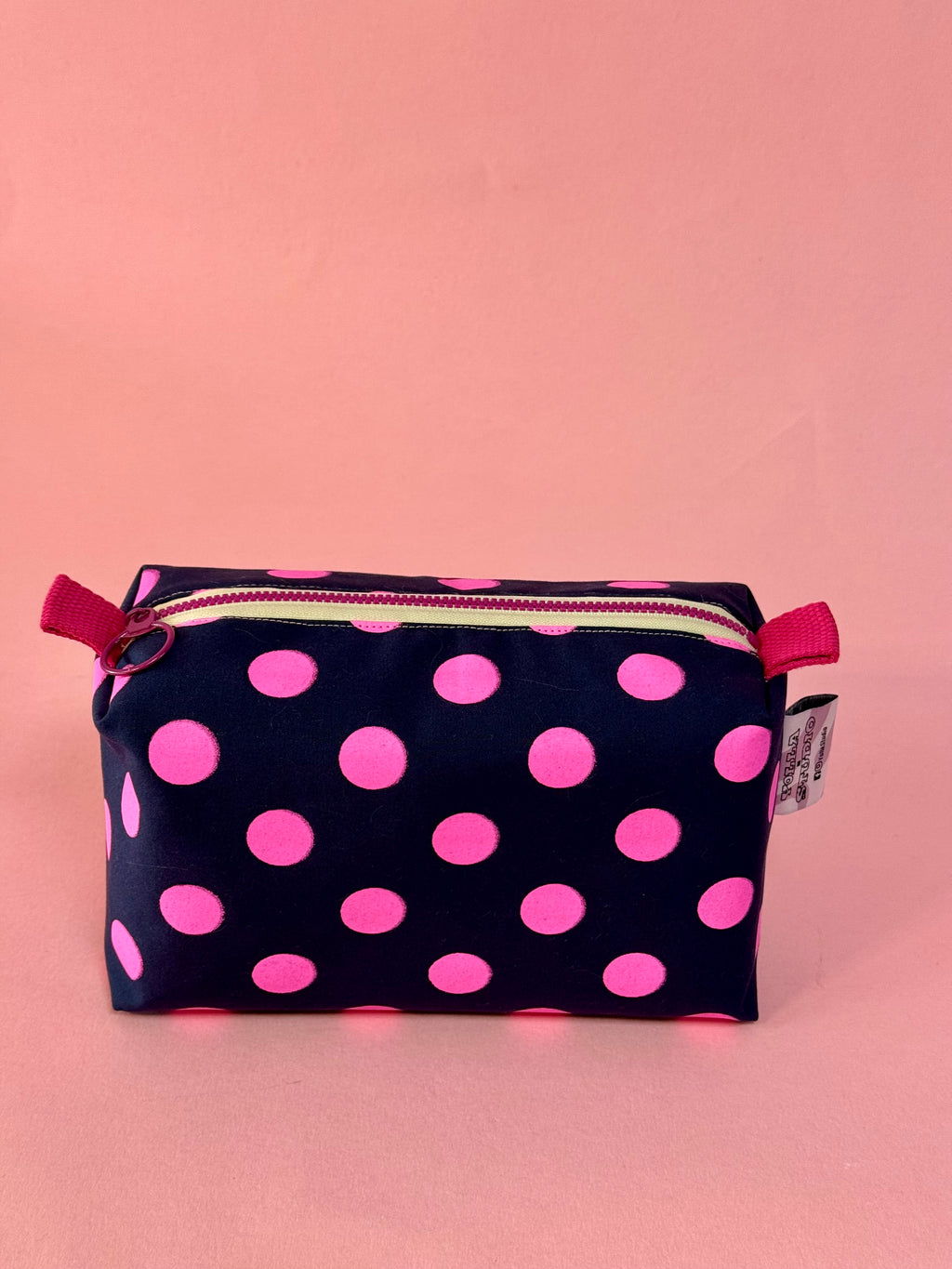 Versatile Boxy Pouch for Travel & Accessories |Pink and Navy Blue Polka Dots Travel Bag