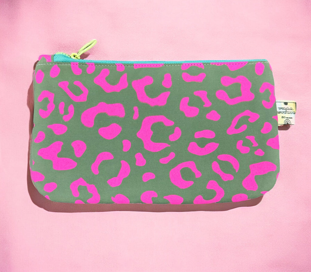 Handprinted  Waxed Cotton Pencil and Makeup Case Pink and Teal Leopard