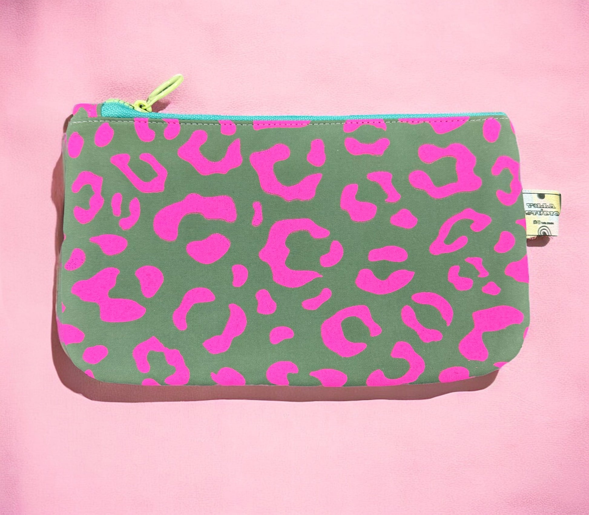 Handprinted  Waxed Cotton Pencil and Makeup Case Pink and Teal Leopard