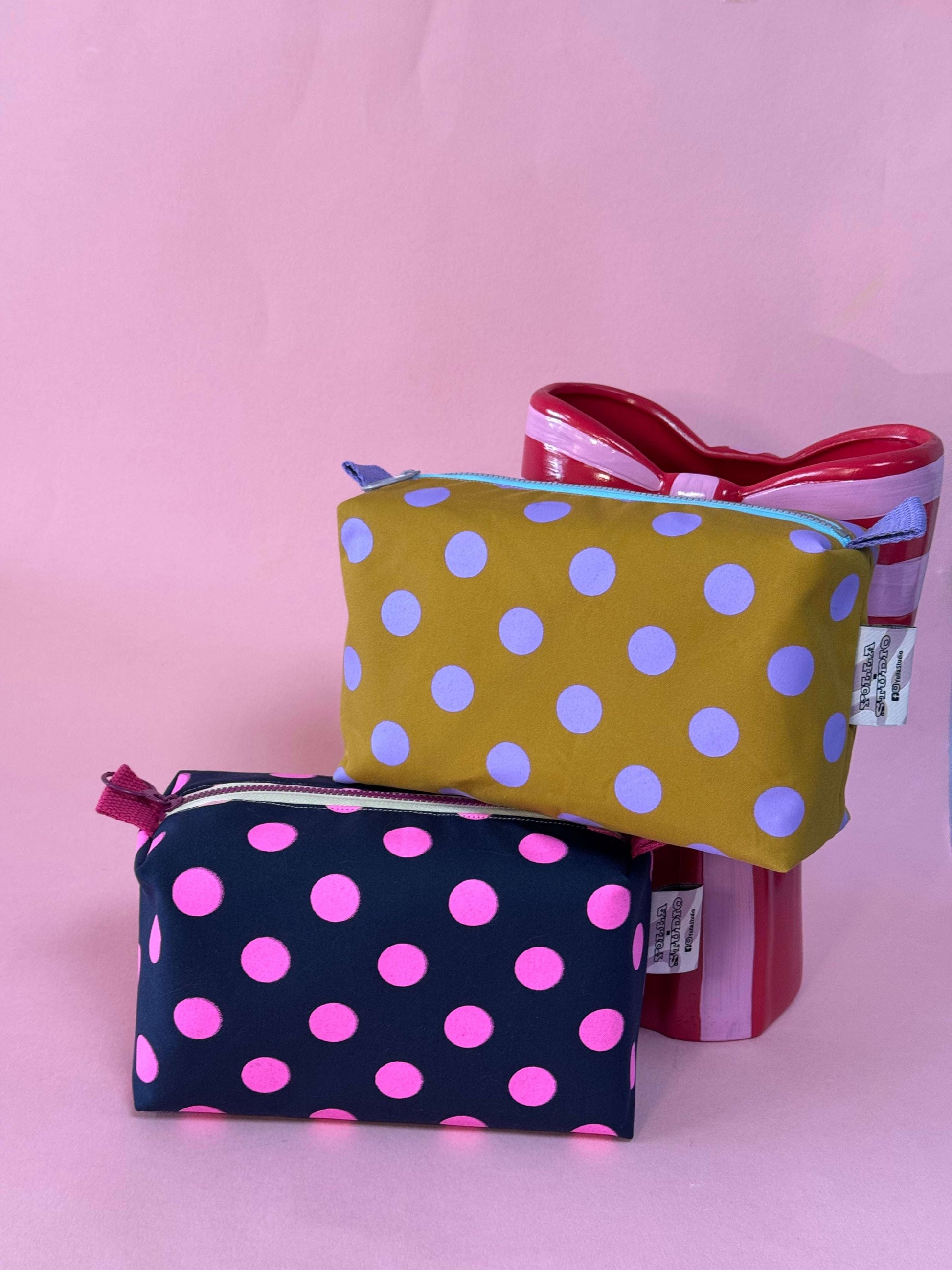 Versatile Boxy Pouch for Travel & Accessories |Purple and Mustard Polka Dots Travel Bag