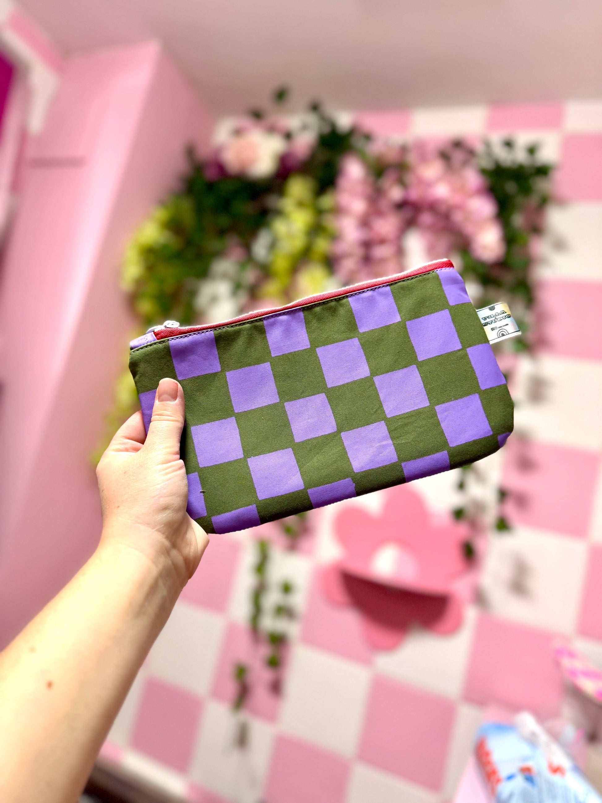 Handprinted  Waxed Cotton Pencil and Makeup Case Purple and Green Checkered