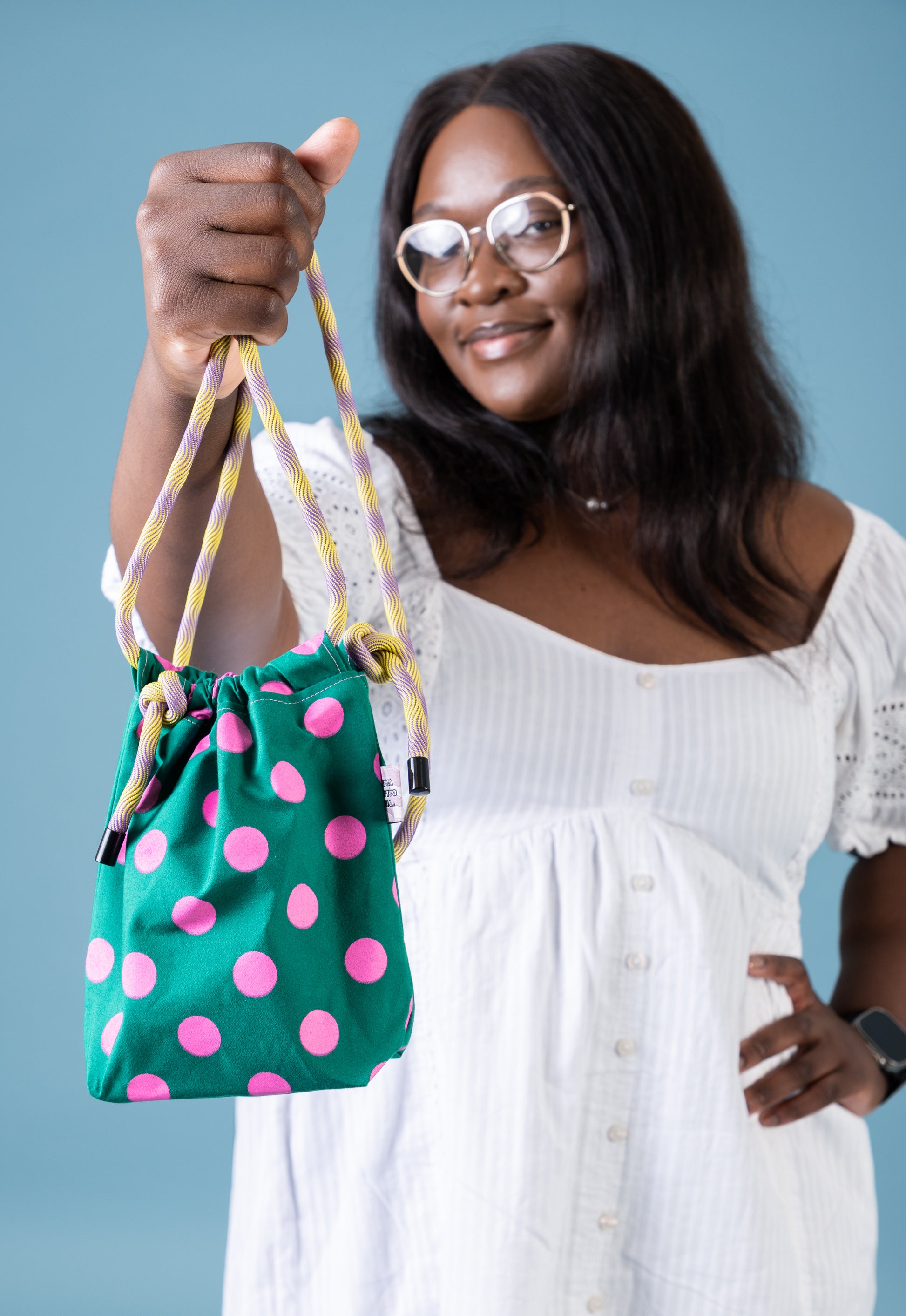 Mini Drawstring Crossbody - Funky Waxed Cotton Bag for Festivals & Dog Walks Polka Dots