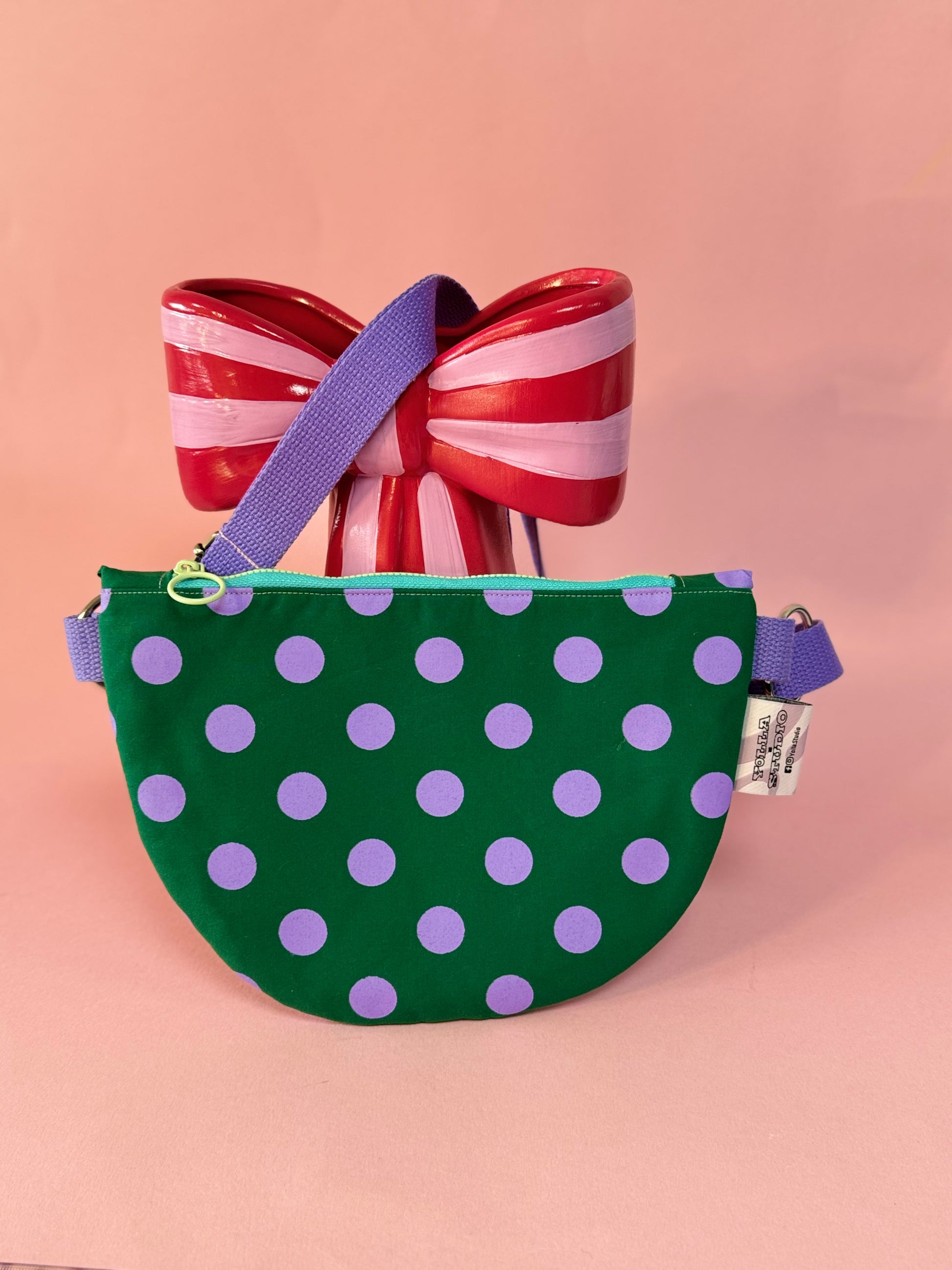 Trendy Purple and Green Polka Dots Semi Circle Crossbody Bag