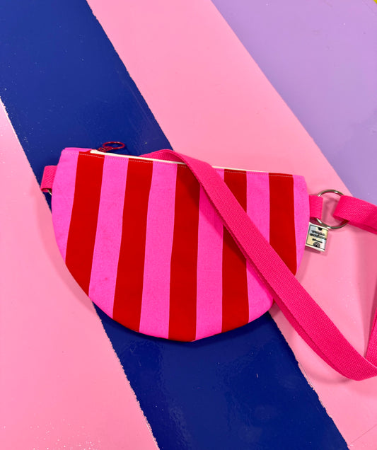 Trendy Red & Pink Stripey Pattern Semi Circle Crossbody Bag
