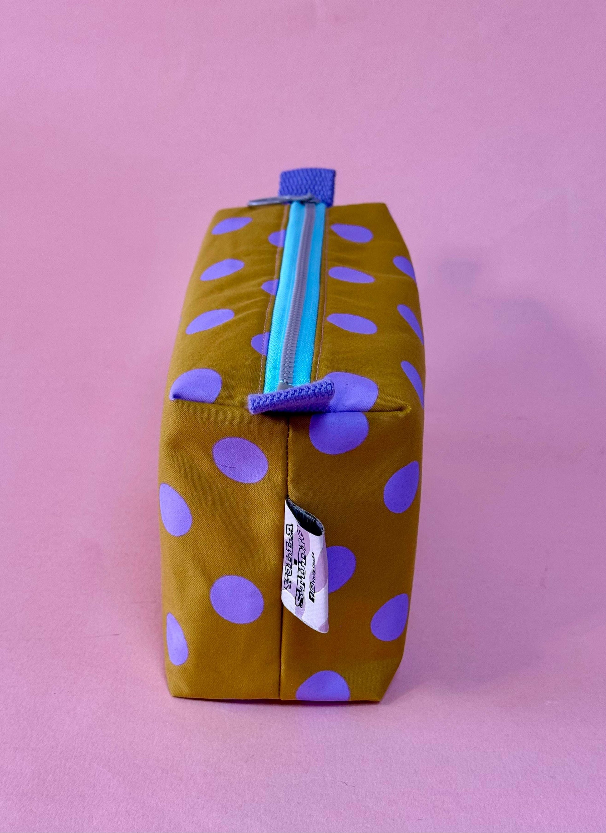 Versatile Boxy Pouch for Travel & Accessories |Purple and Mustard Polka Dots Travel Bag