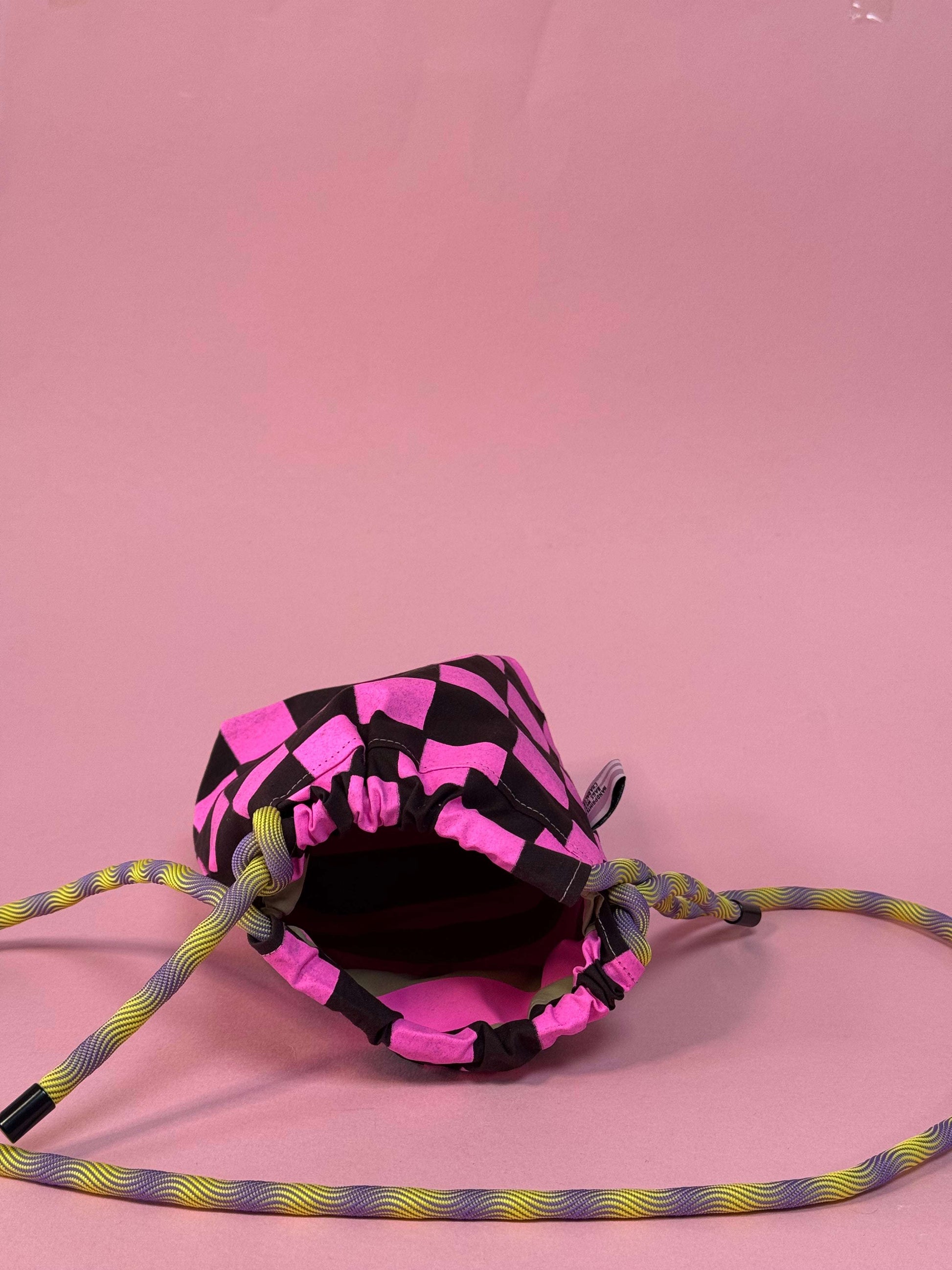 Mini Drawstring Crossbody - Funky Waxed Cotton Bag for Festivals & Dog Walks Pink and Burgundy Checkered