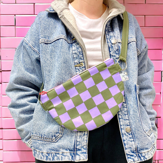 Semi-Circle Crossbody Bag | Adjustable Waxed Cotton Bag | Checkered Pattern Bag