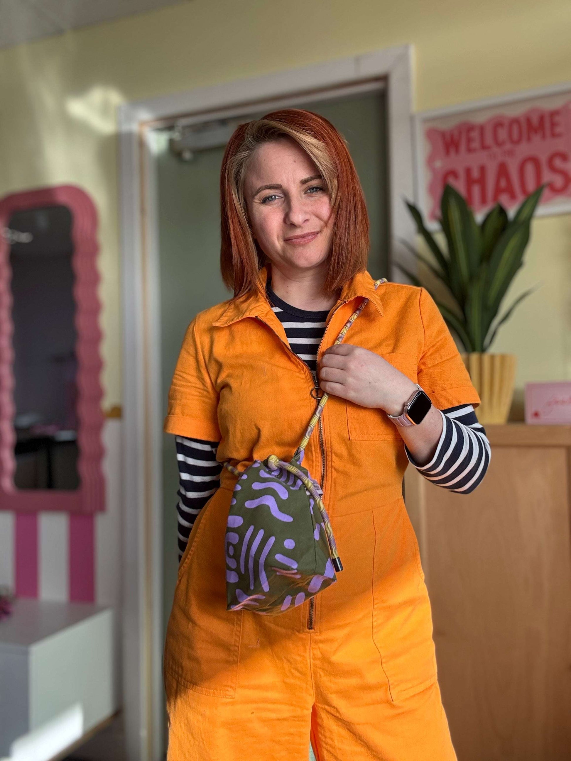 Mini Drawstring Crossbody - Funky Waxed Cotton Bag for Festivals & Dog Walks Purple and Green Abstract