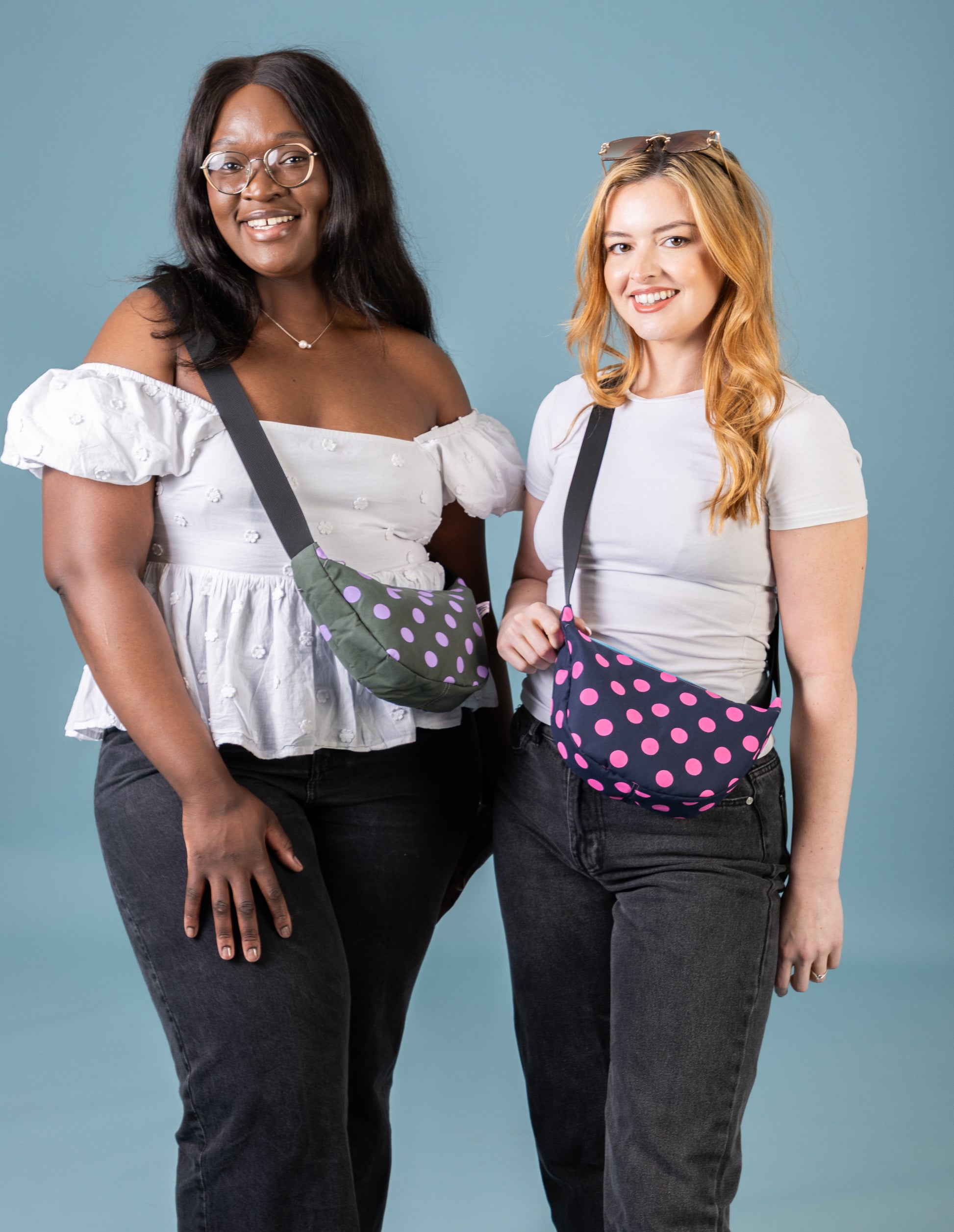 Pink and Navy Polka Dots Sling Bag | Crossbody Bag | Adjustable Waxed Cotton Bag |Polka Dots Pattern Bag