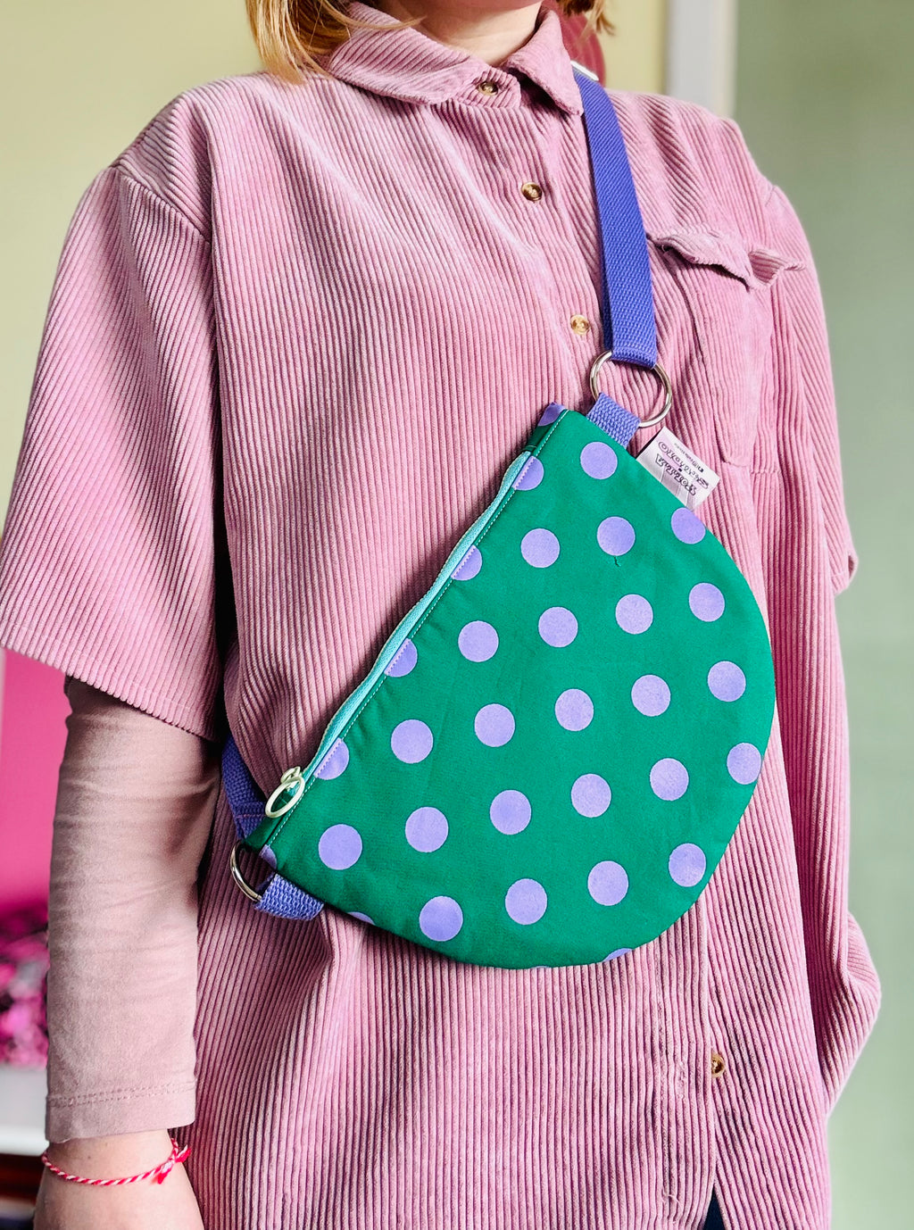 Trendy Purple and Green Polka Dots Semi Circle Crossbody Bag