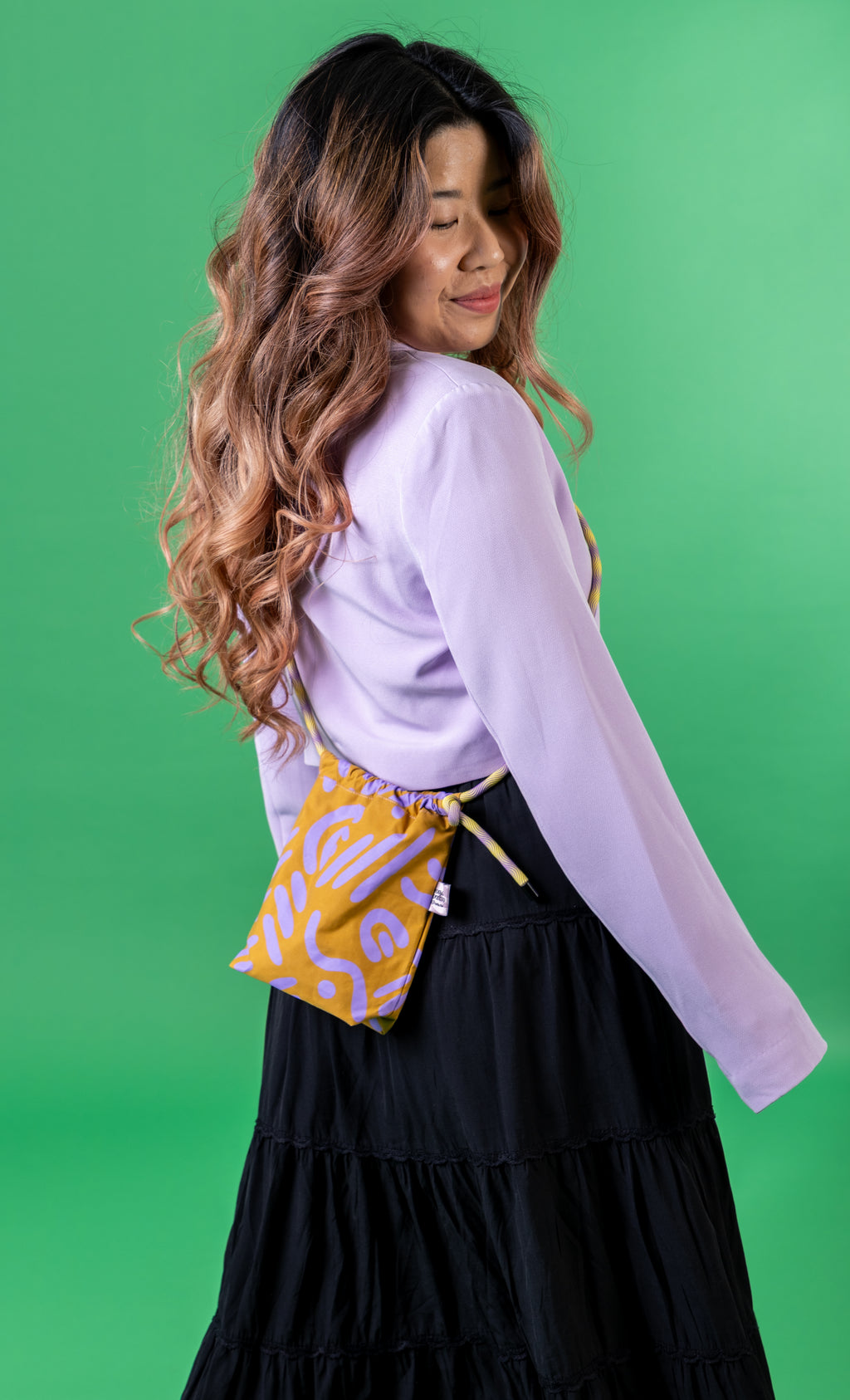 Mini Drawstring Crossbody - Funky Waxed Cotton Bag for Festivals & Dog Walks Purple and Green Abstract
