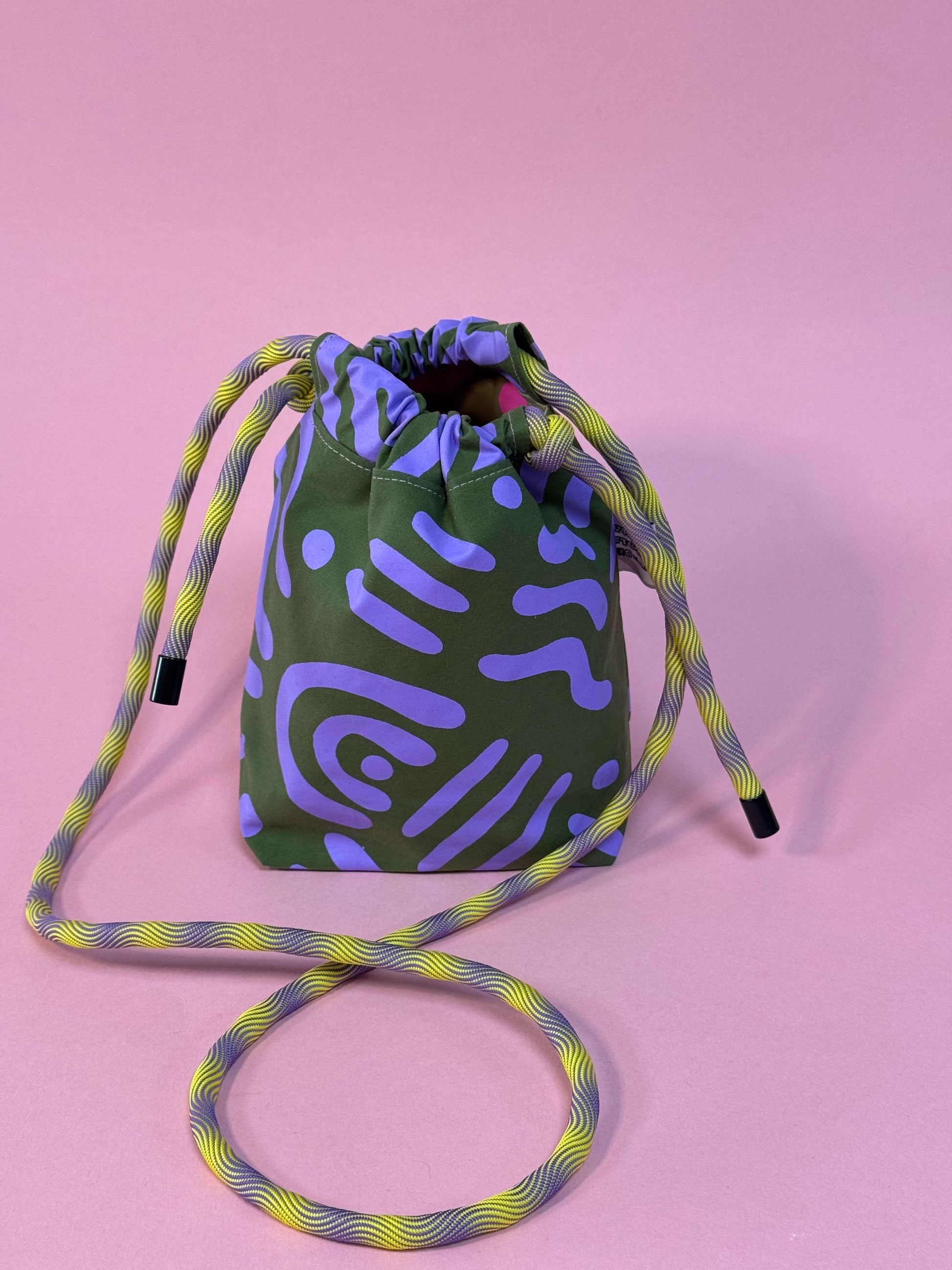 Mini Drawstring Crossbody - Funky Waxed Cotton Bag for Festivals & Dog Walks Purple and Green Abstract