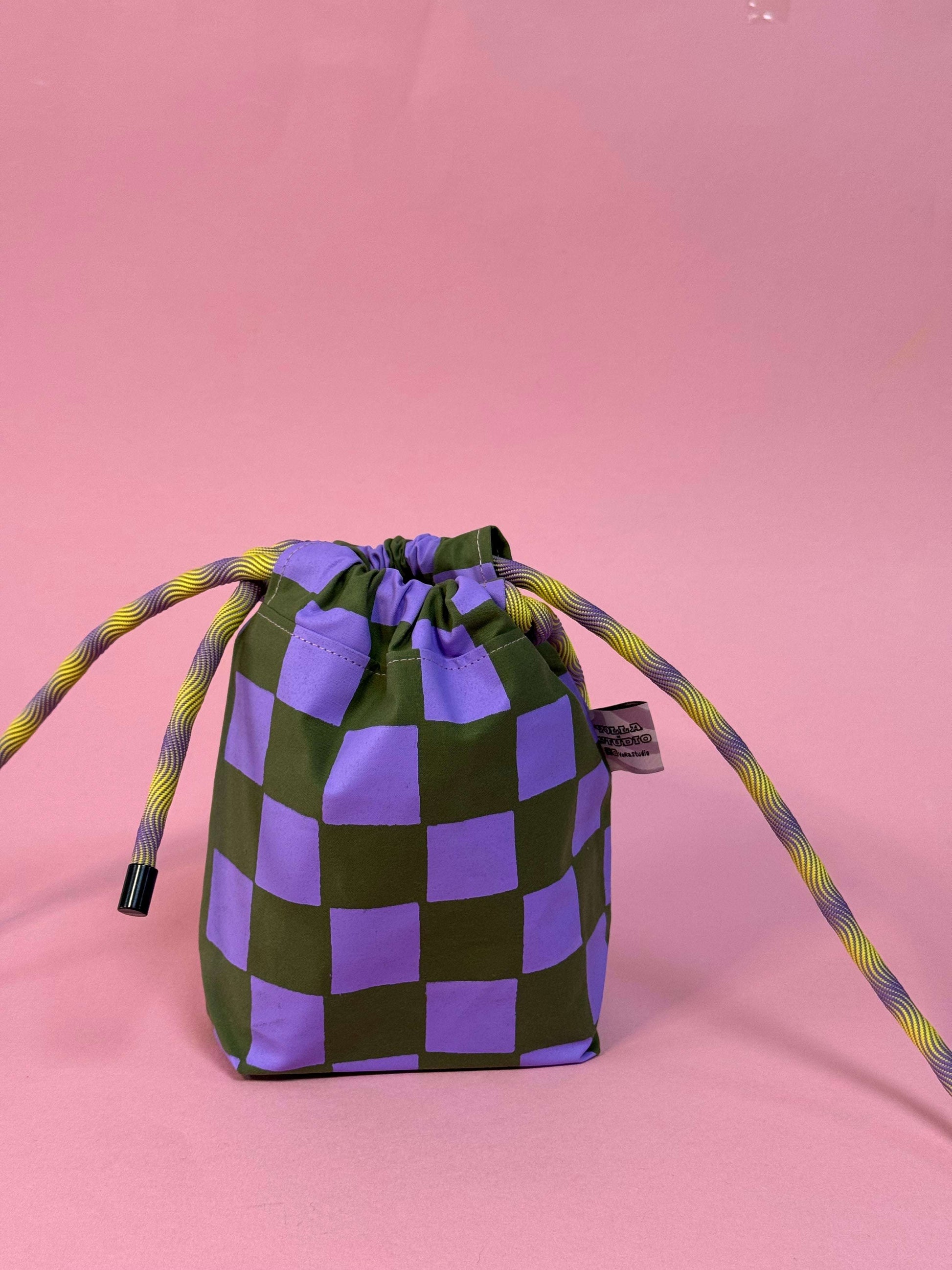 Mini Drawstring Crossbody - Funky Waxed Cotton Bag for Festivals & Dog Walks Purple and Green Checkered