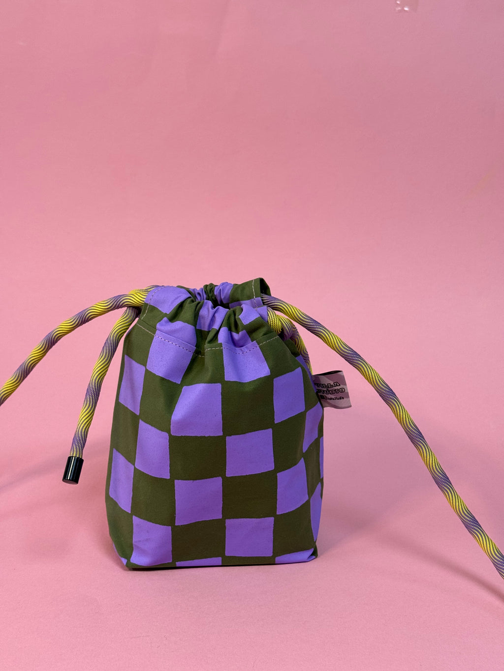 The Mini Drawstring Crossbody GREEN AND PURPLE CHECK