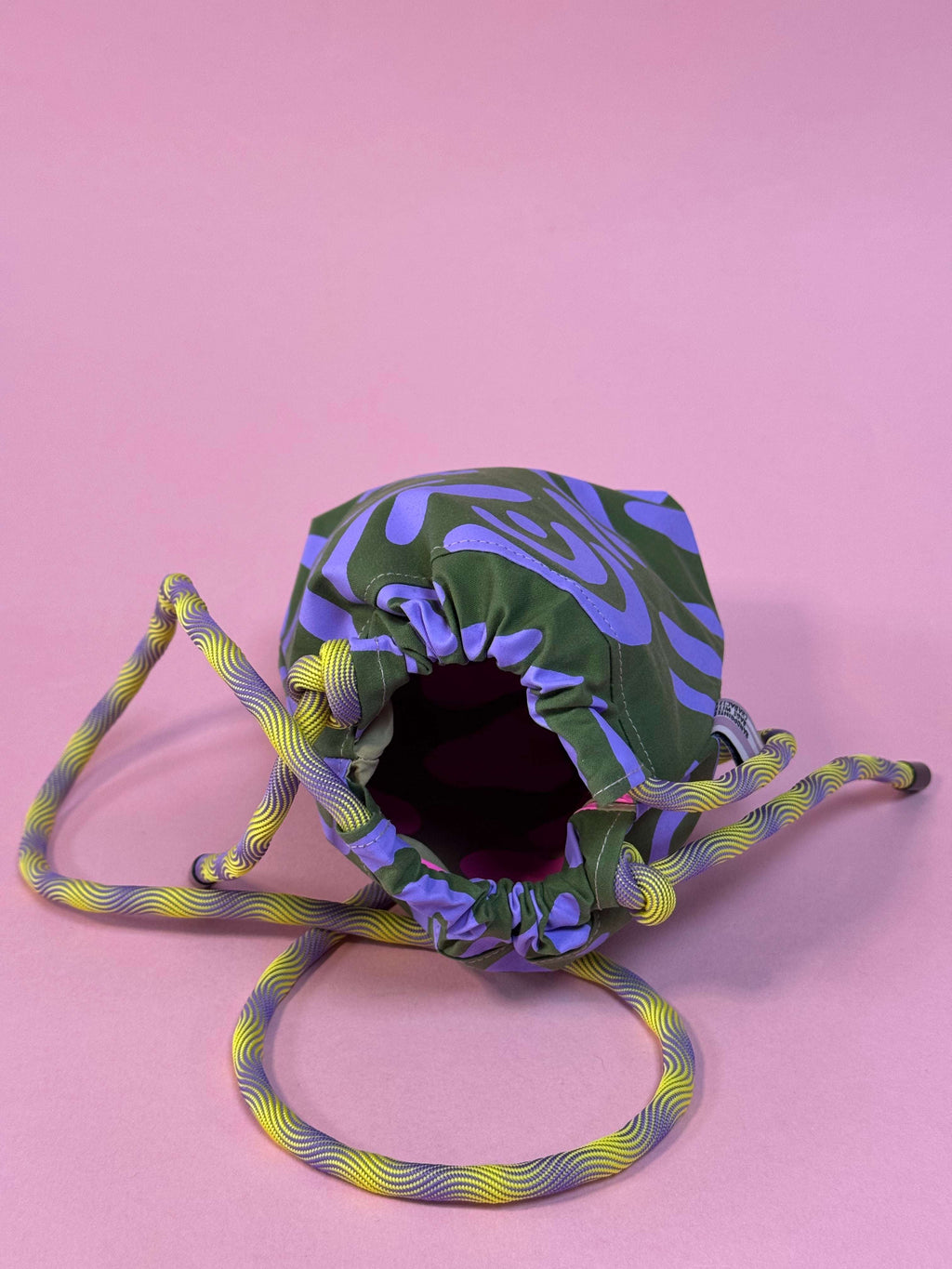 Mini Drawstring Crossbody - Funky Waxed Cotton Bag for Festivals & Dog Walks Purple and Green Abstract