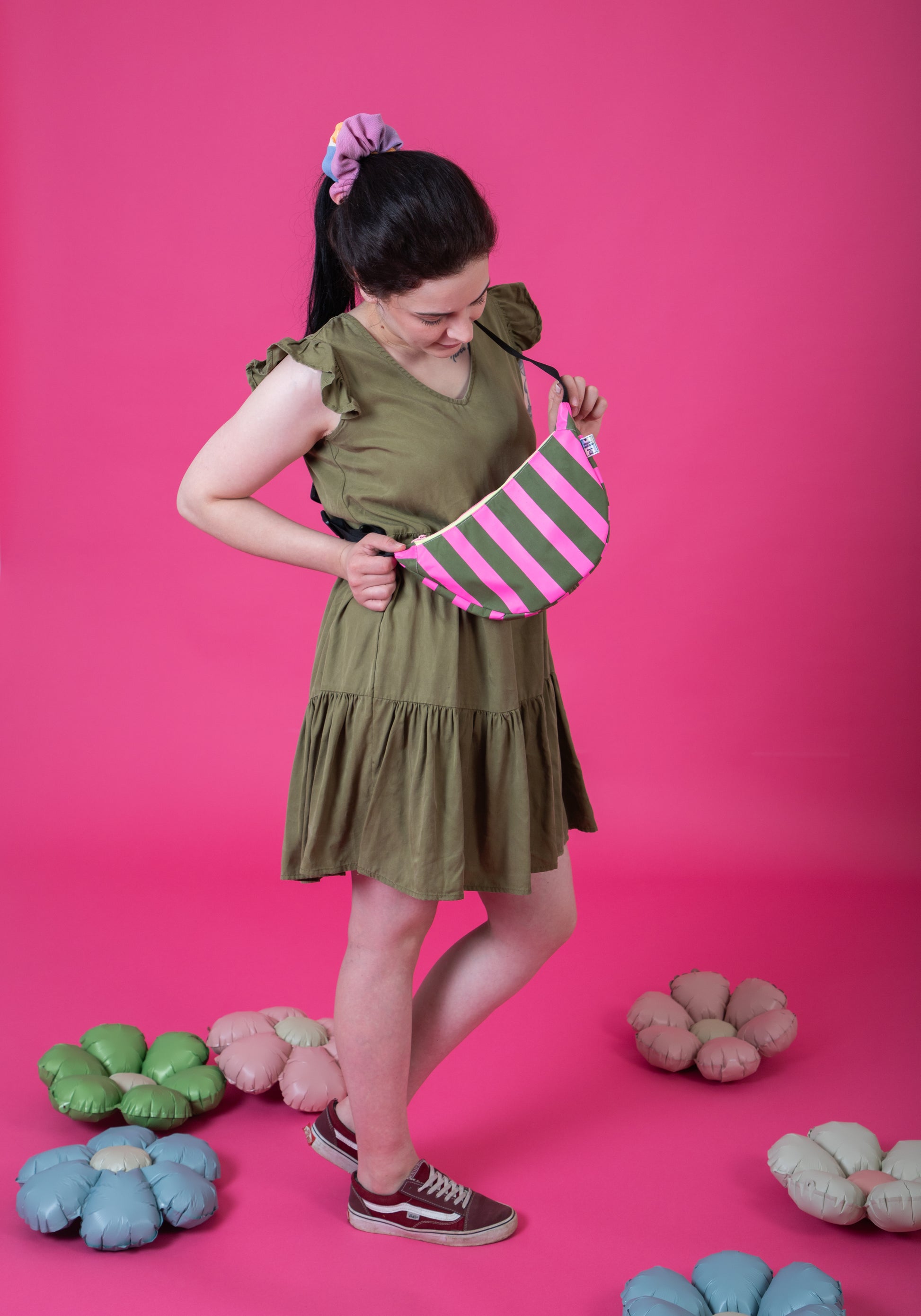 Pink and Green Stripes Sling Bag | Crossbody Bag | Adjustable Waxed Cotton Bag |Stripy Pattern Bag